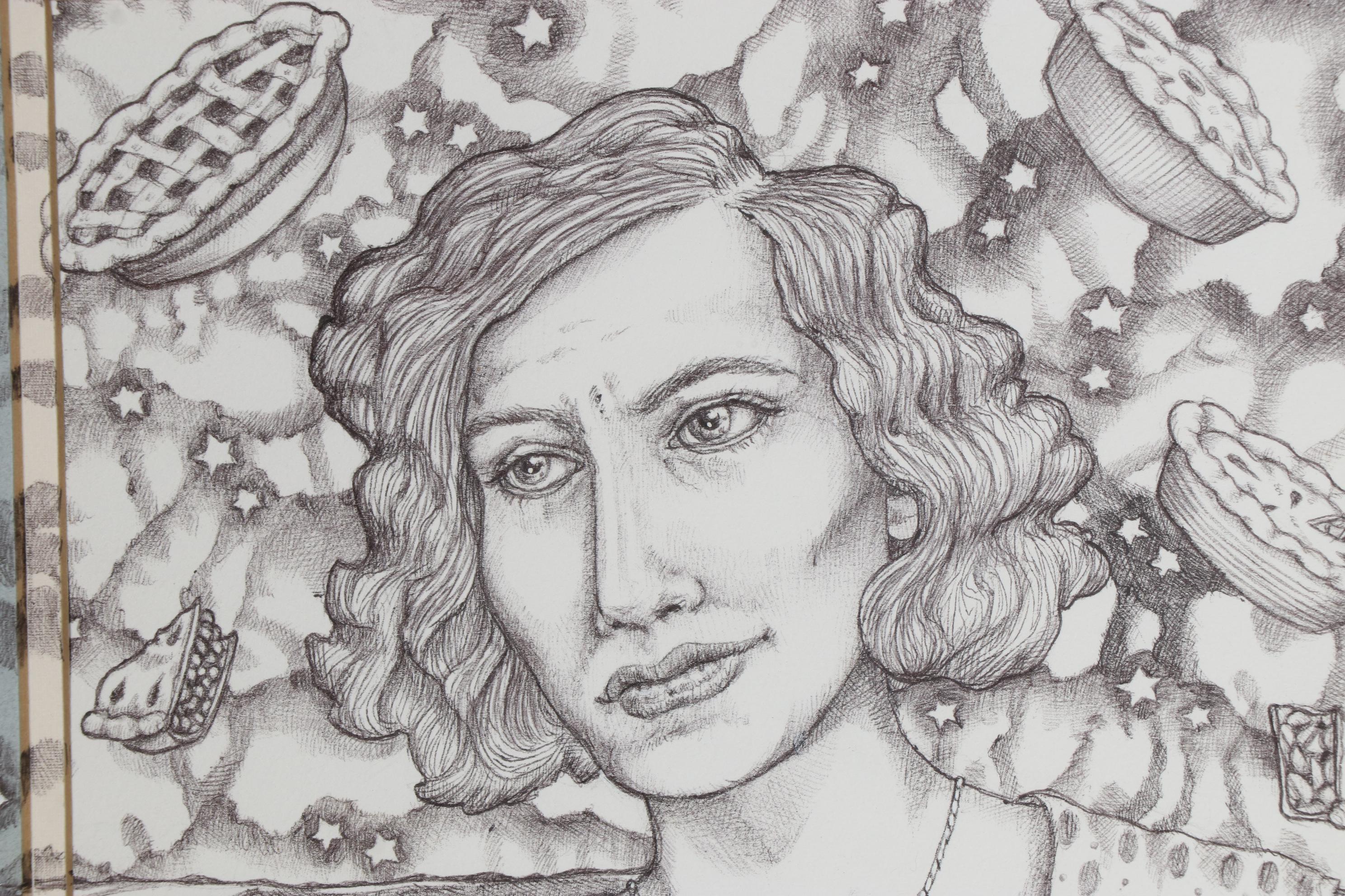 Savannah Schroll Guz Ink Drawing "Women in Water: Loretta and Pies in the Sky"