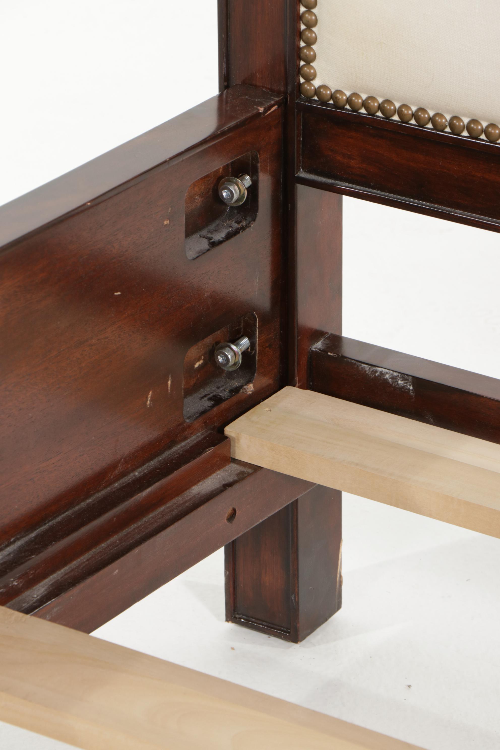 Restoration Hardware Mahogany-Stained Brass-Tacked Upholstered King Size Bed