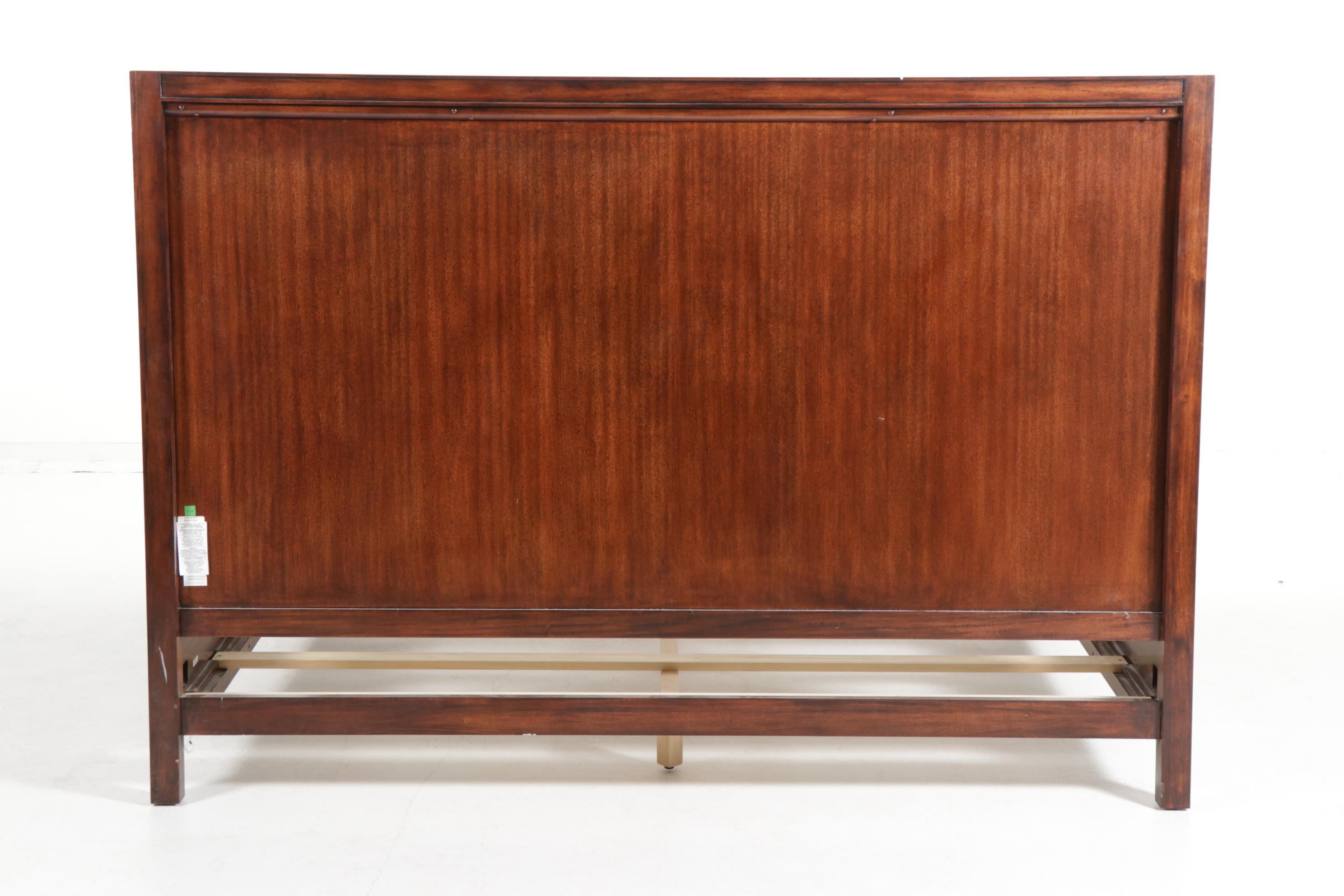 Restoration Hardware Mahogany-Stained Brass-Tacked Upholstered King Size Bed