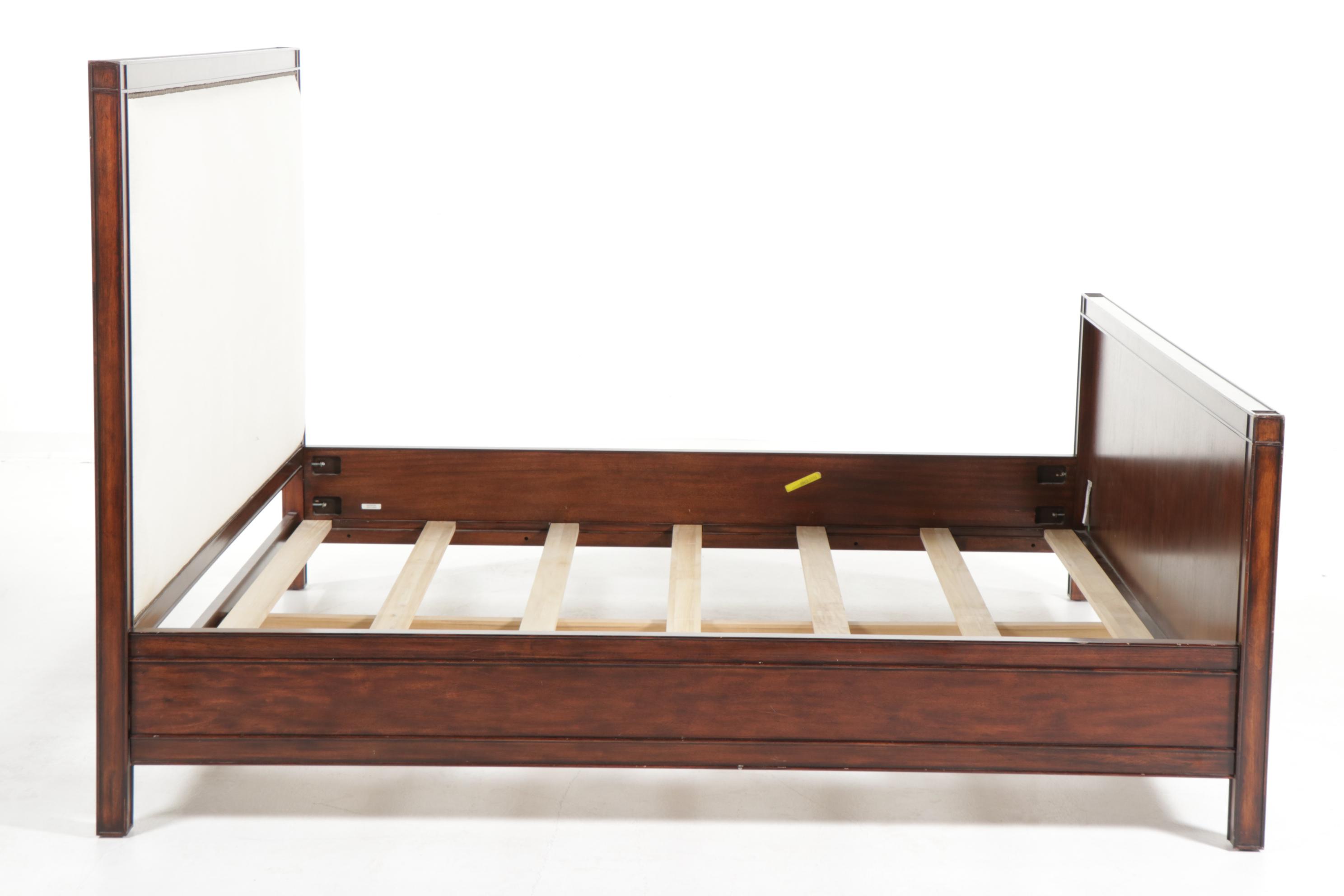 Restoration Hardware Mahogany-Stained Brass-Tacked Upholstered King Size Bed