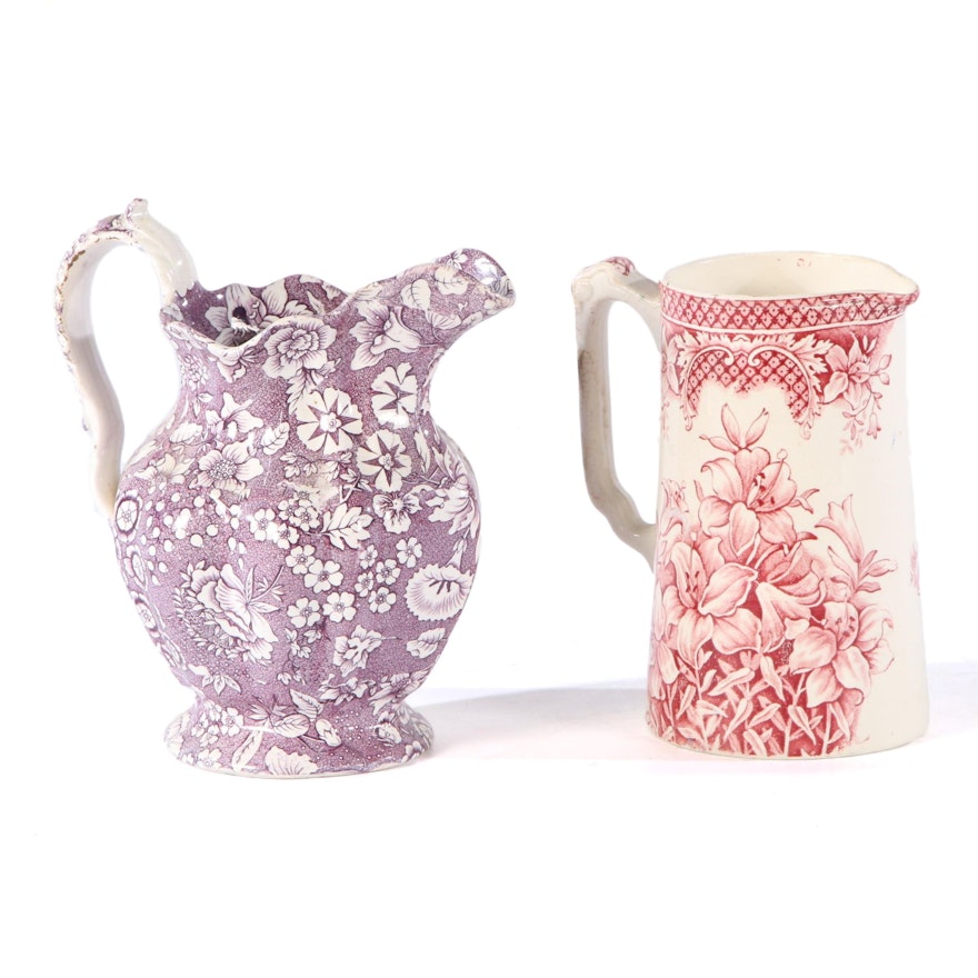 English Purple Calico and Other Pink Transferware Pitchers, Mid-Late 19th C.