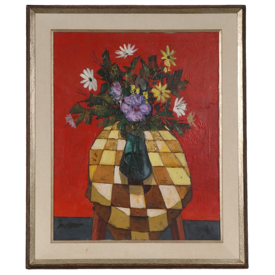 Modernist Style Oil Painting of Still Life with Vase of Flowers
