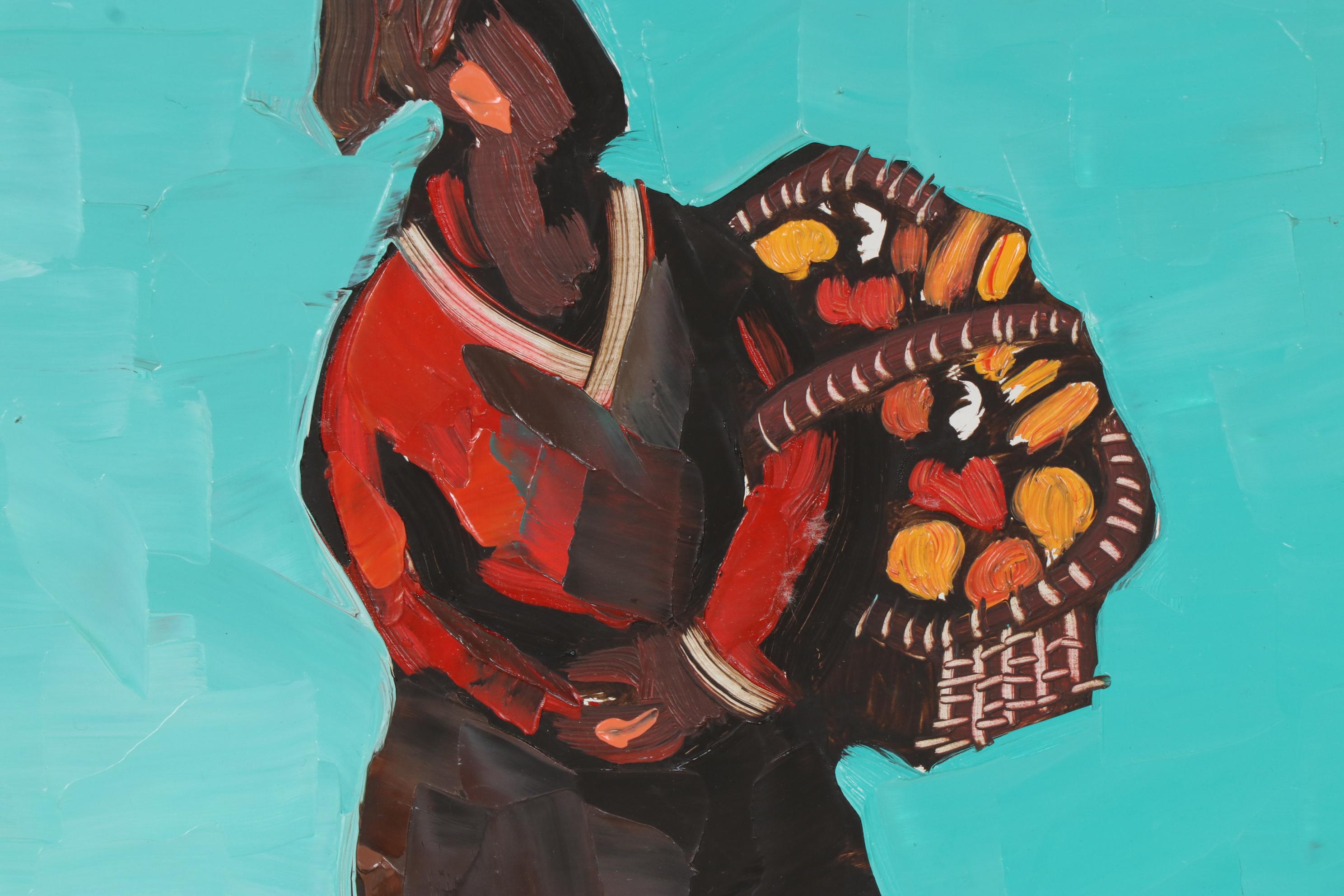 Eloy Zúñiga Guevara Oil Painting of Woman Carrying a Basket, 2001