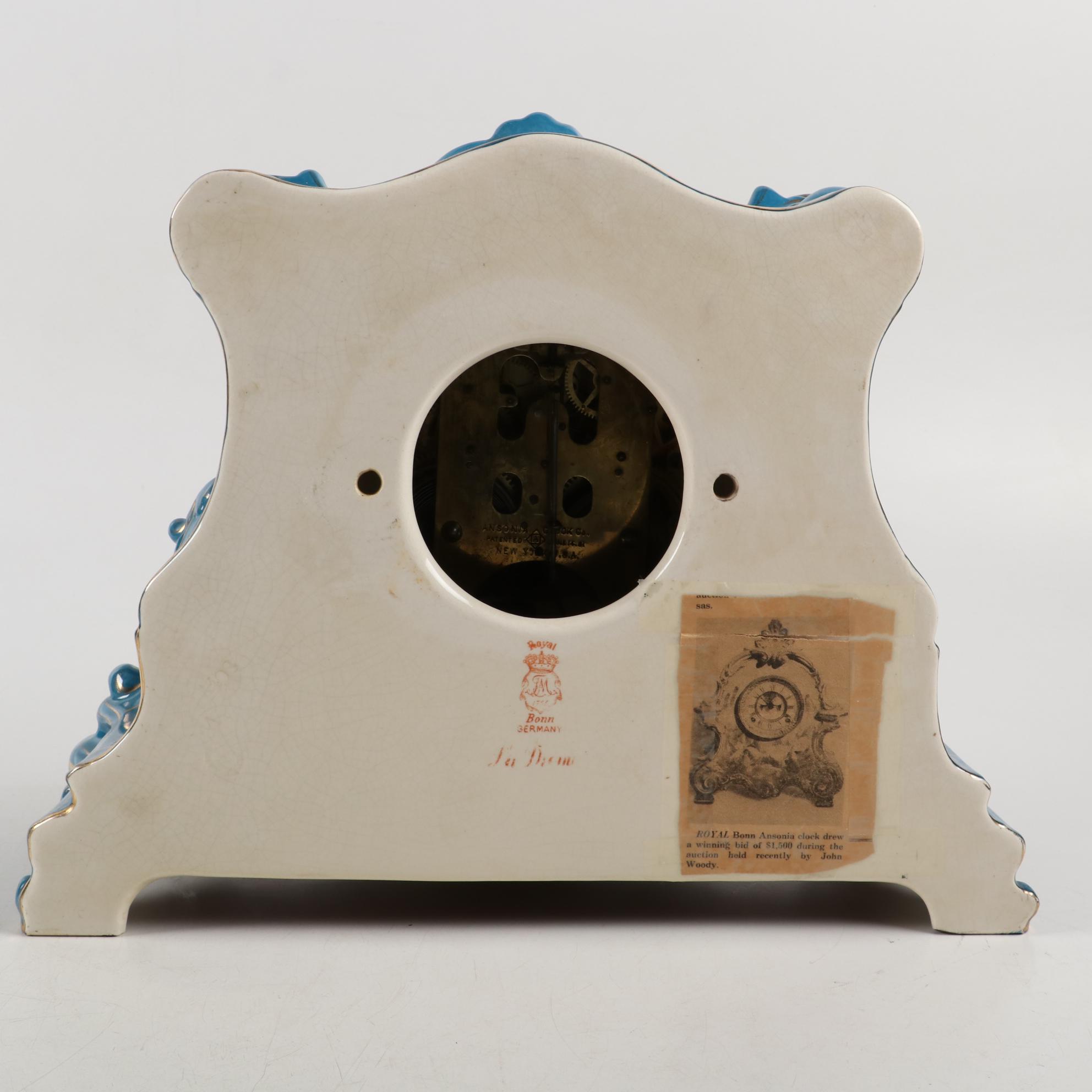 Royal Bonn  Ansonia Porcelain Mantel Clock, Early 20th Century