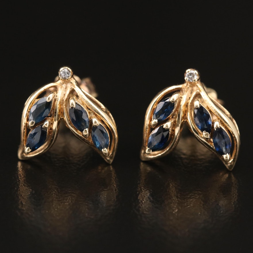 14K Sapphire and Diamond Leaf Stud Earrings