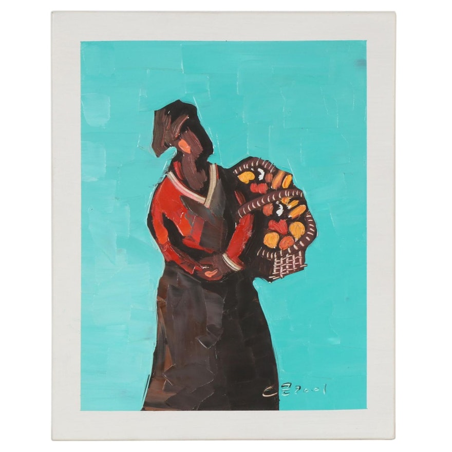 Eloy Zúñiga Guevara Oil Painting of Woman Carrying a Basket, 2001