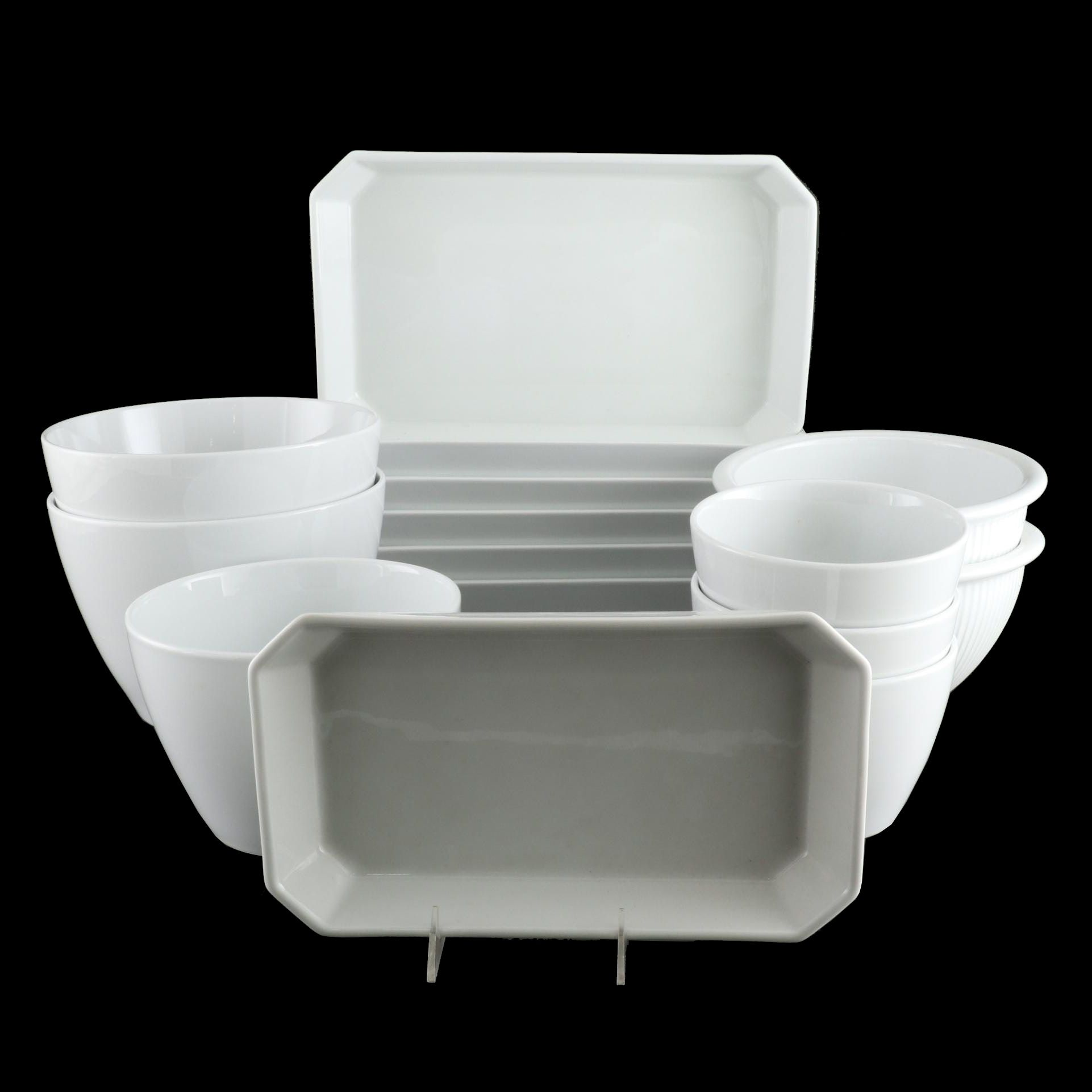 Pillivuyt French White Porcelain Bowls with Rectangular Dishes and Platter