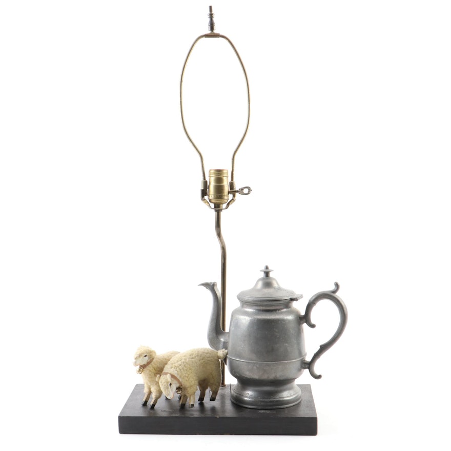 Mid-19th Century Sellew & Co Teapot with Flocked Sheep Mounted on Lamp Base