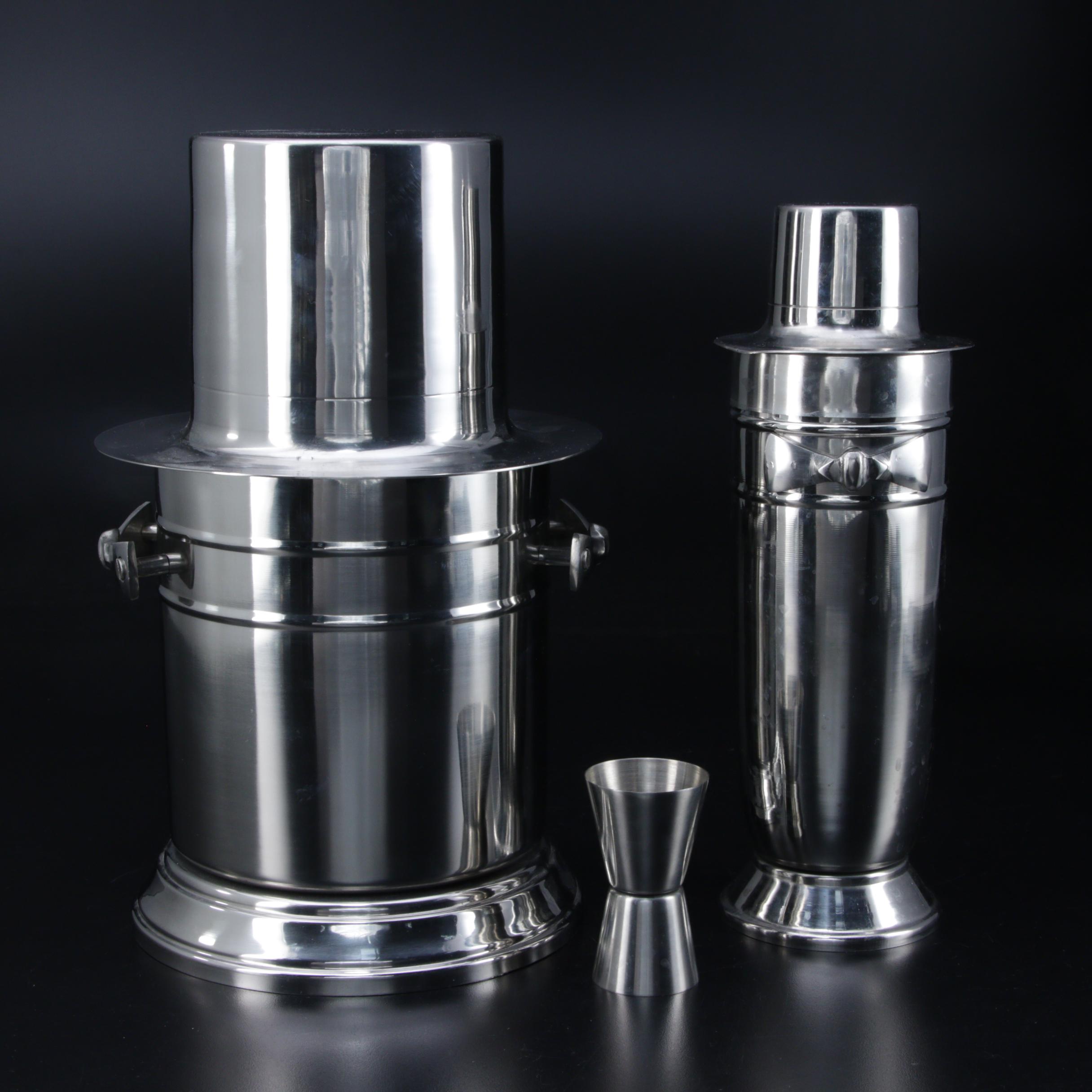 Max Studio Top Hat Motif Stainless Steel Ice Bucket, Jigger and Shaker