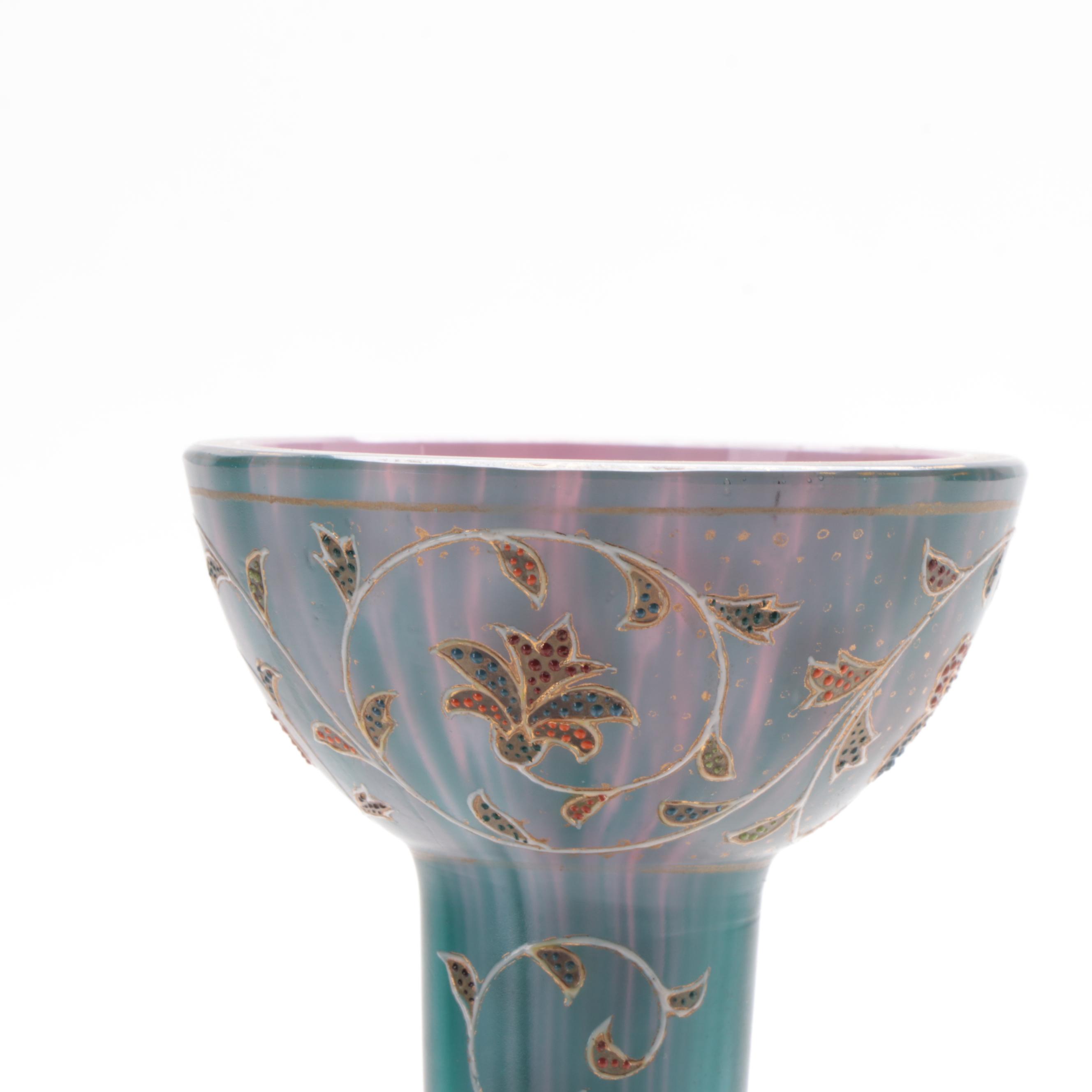 Bohemian Blue Over Pink Cased Glass Vase with Hand-Painted Enameled Accents