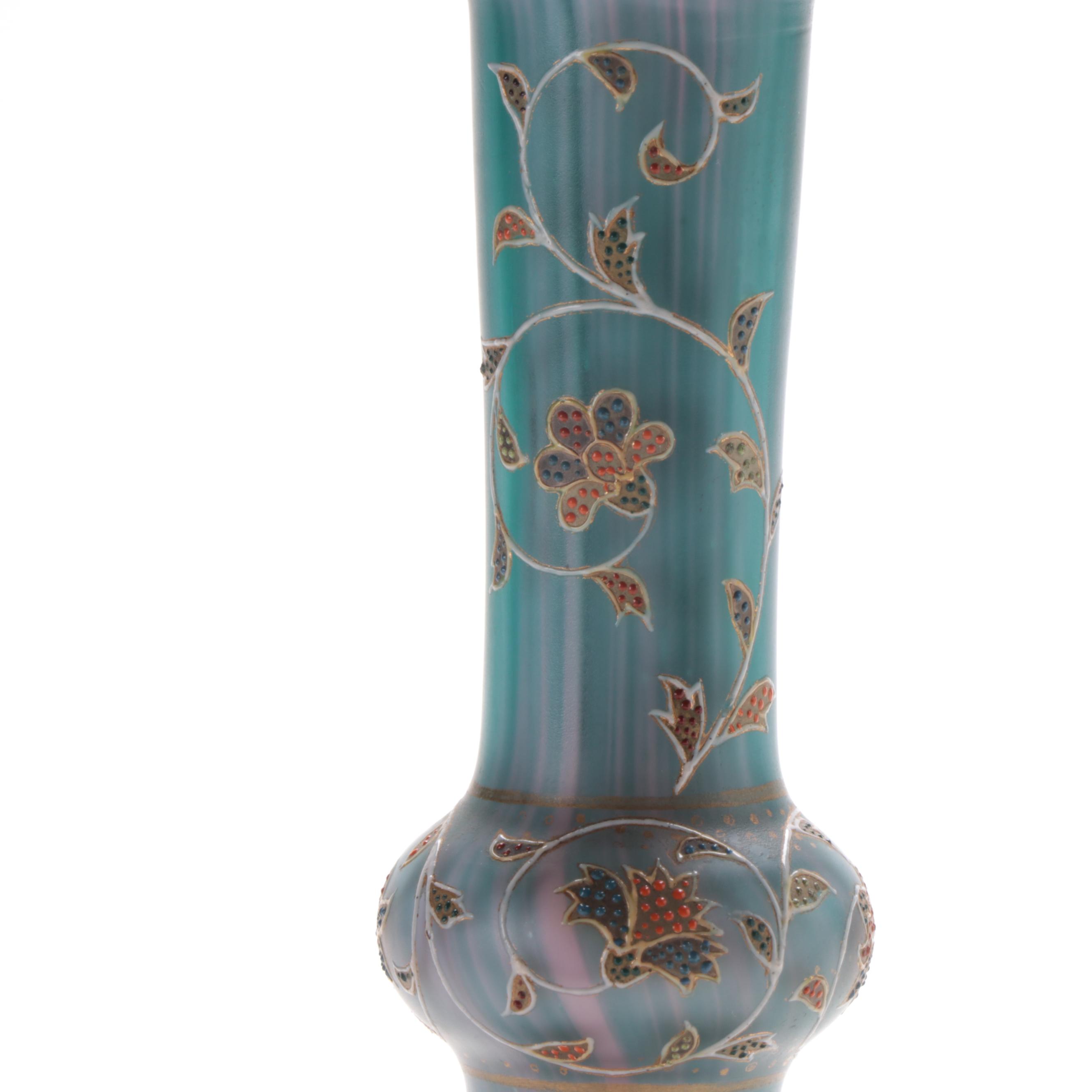 Bohemian Blue Over Pink Cased Glass Vase with Hand-Painted Enameled Accents