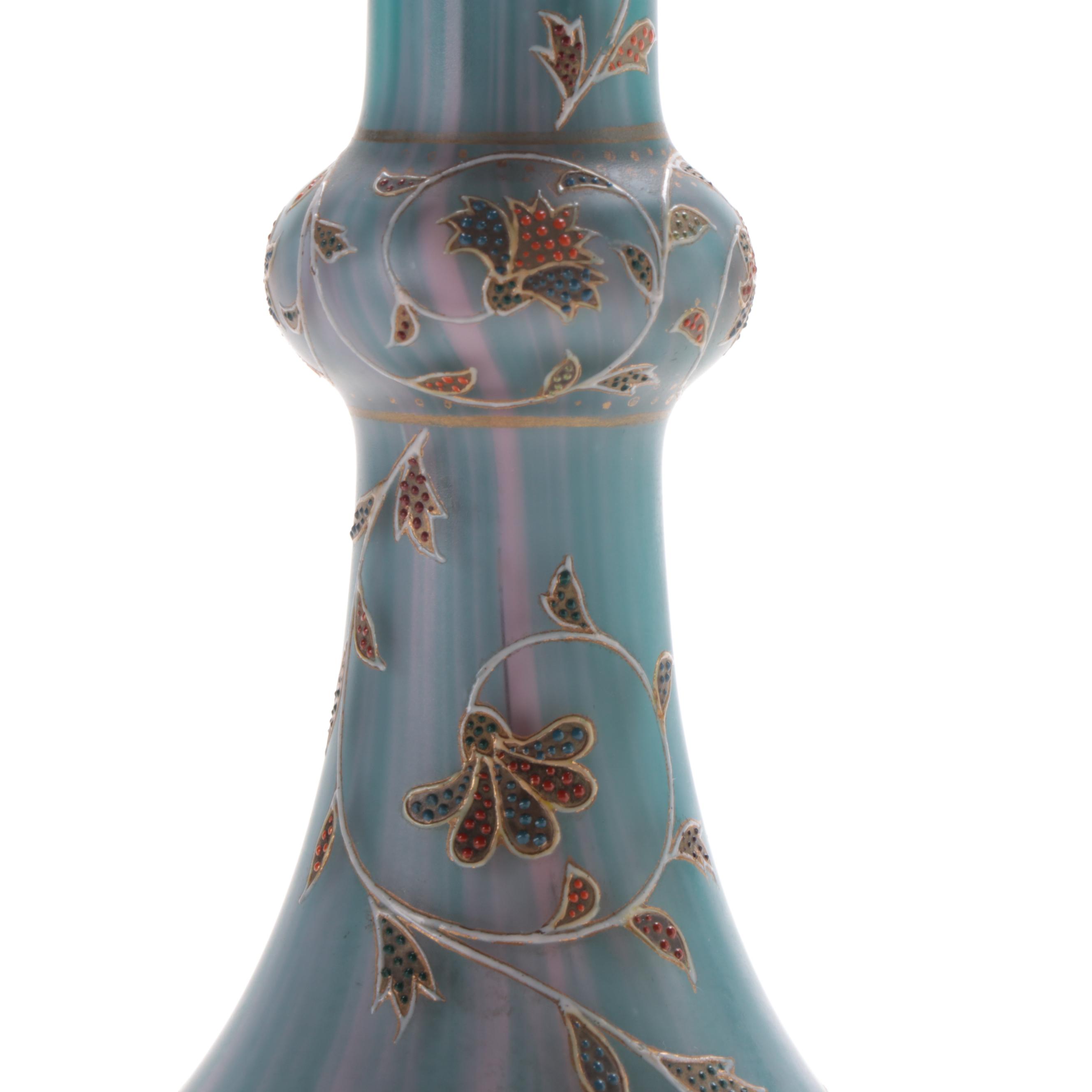 Bohemian Blue Over Pink Cased Glass Vase with Hand-Painted Enameled Accents