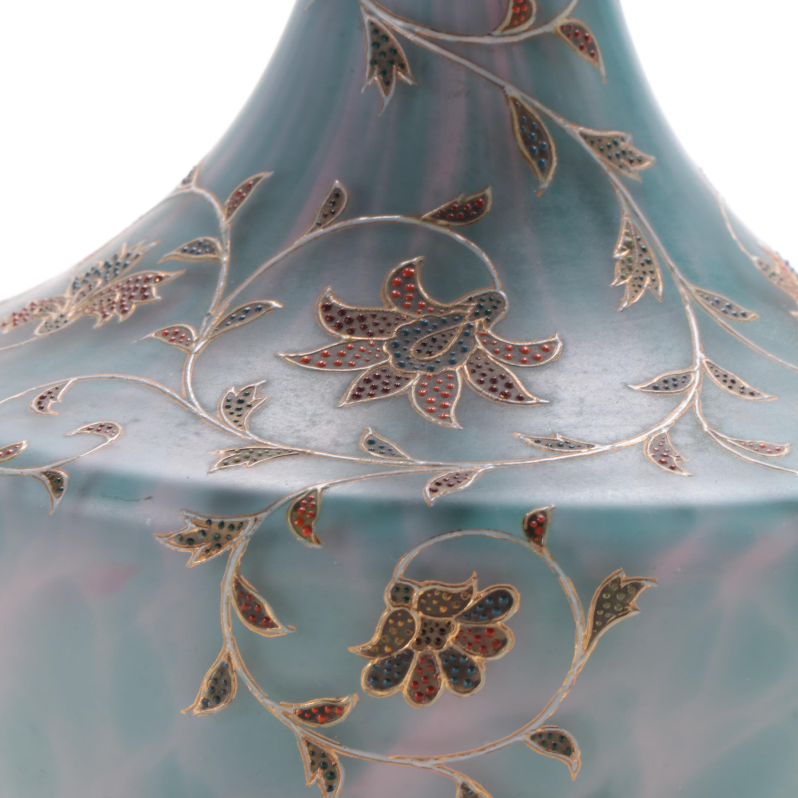 Bohemian Blue Over Pink Cased Glass Vase with Hand-Painted Enameled Accents