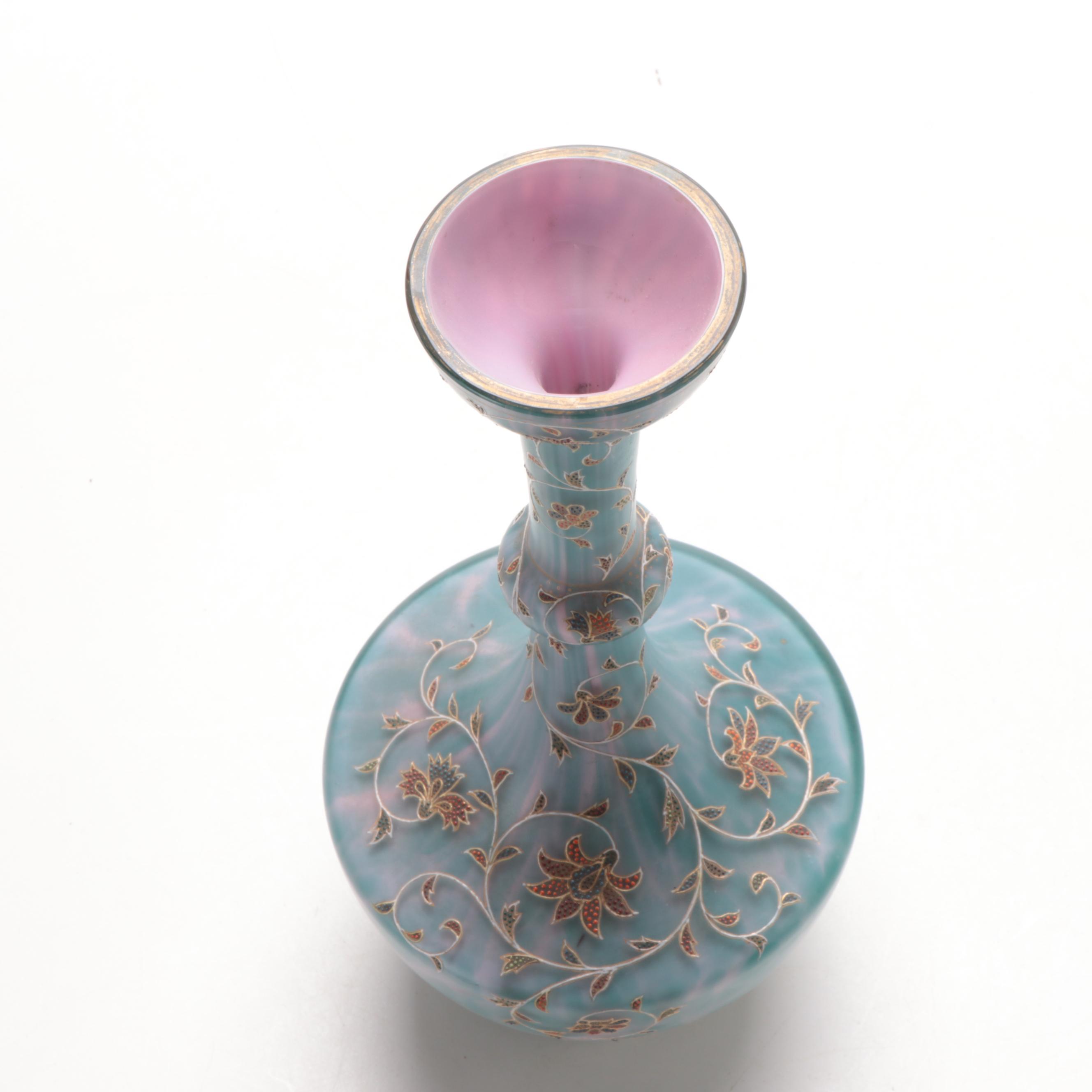 Bohemian Blue Over Pink Cased Glass Vase with Hand-Painted Enameled Accents