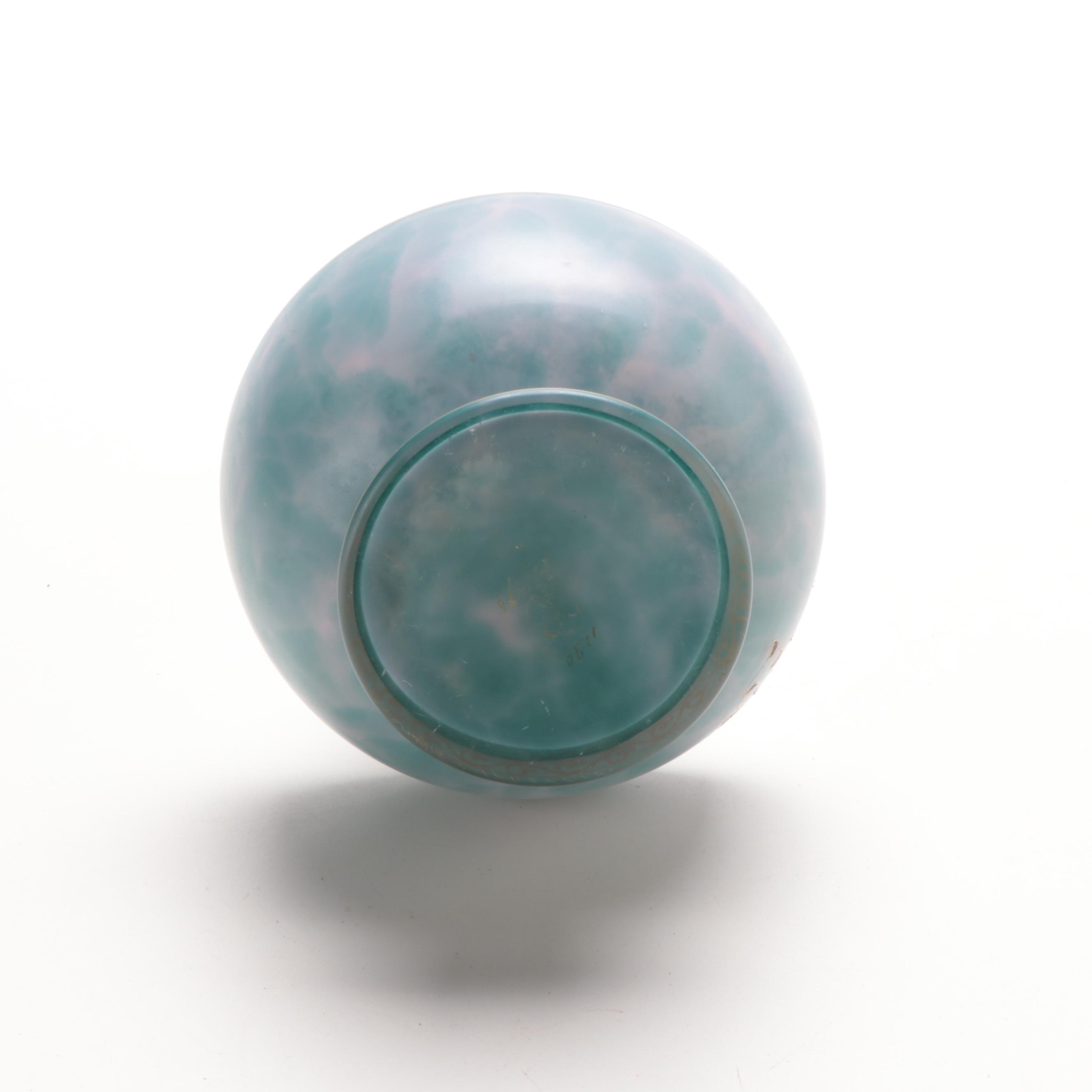 Bohemian Blue Over Pink Cased Glass Vase with Hand-Painted Enameled Accents