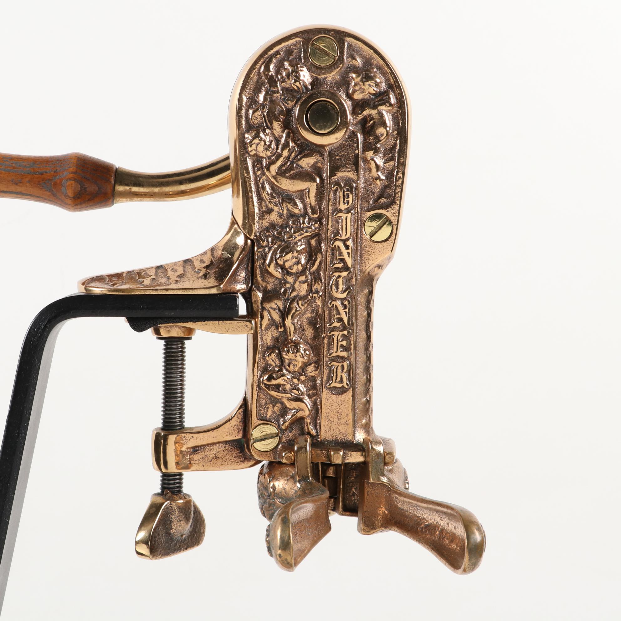 Vintner Brass and Oak Wine Opener with Cast Iron Walnut Stand