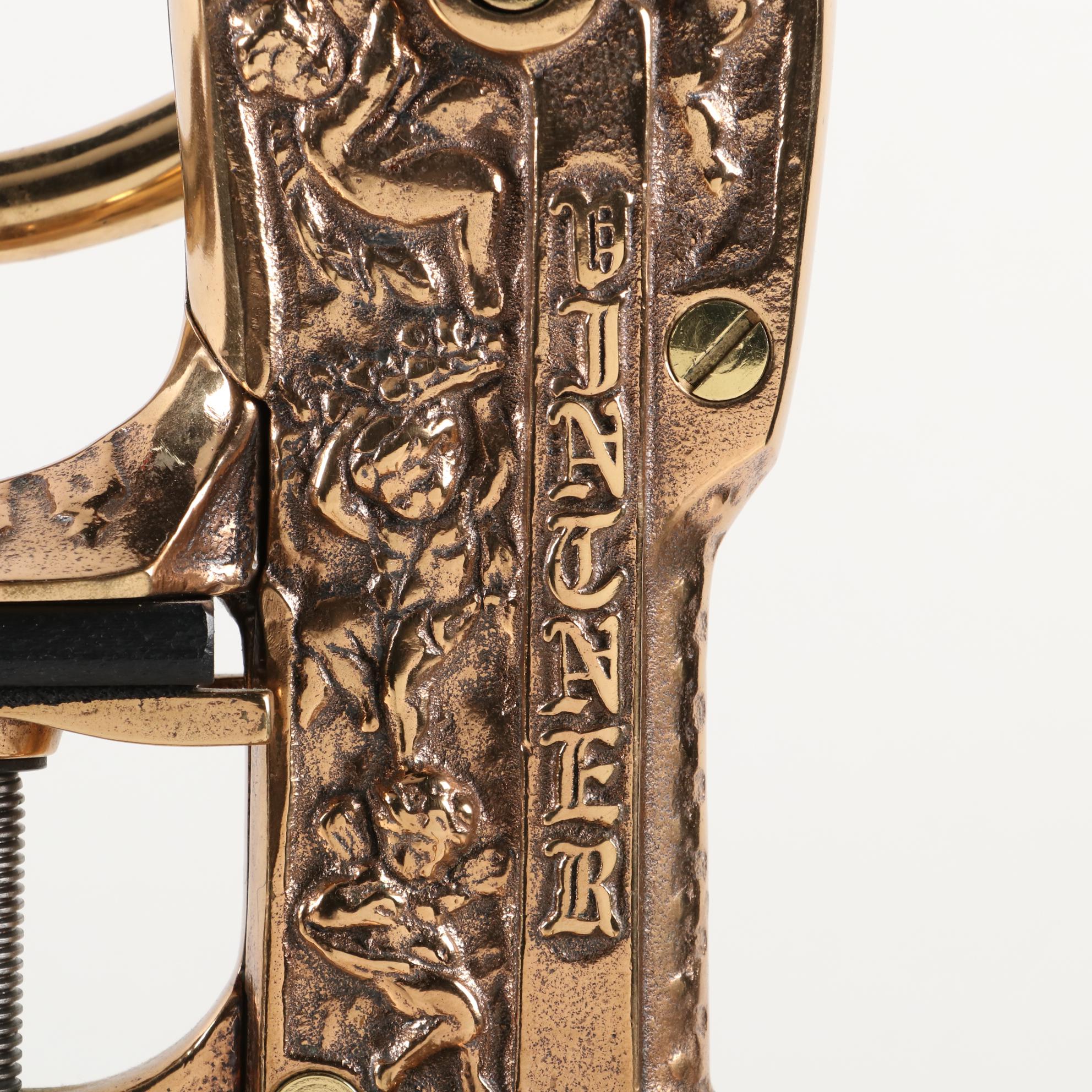 Vintner Brass and Oak Wine Opener with Cast Iron Walnut Stand