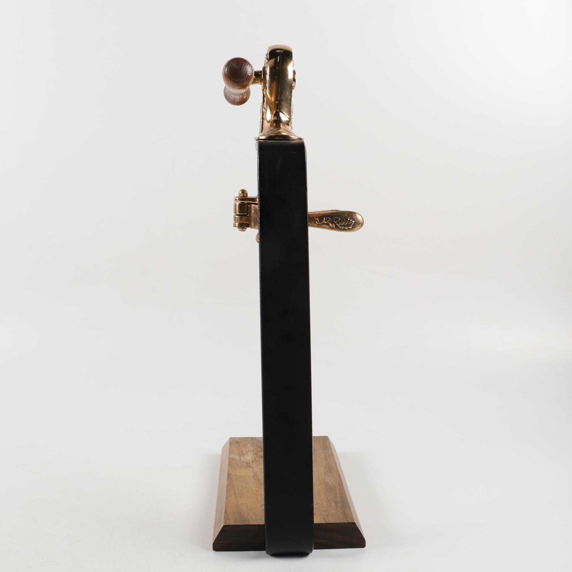 Vintner Brass and Oak Wine Opener with Cast Iron Walnut Stand