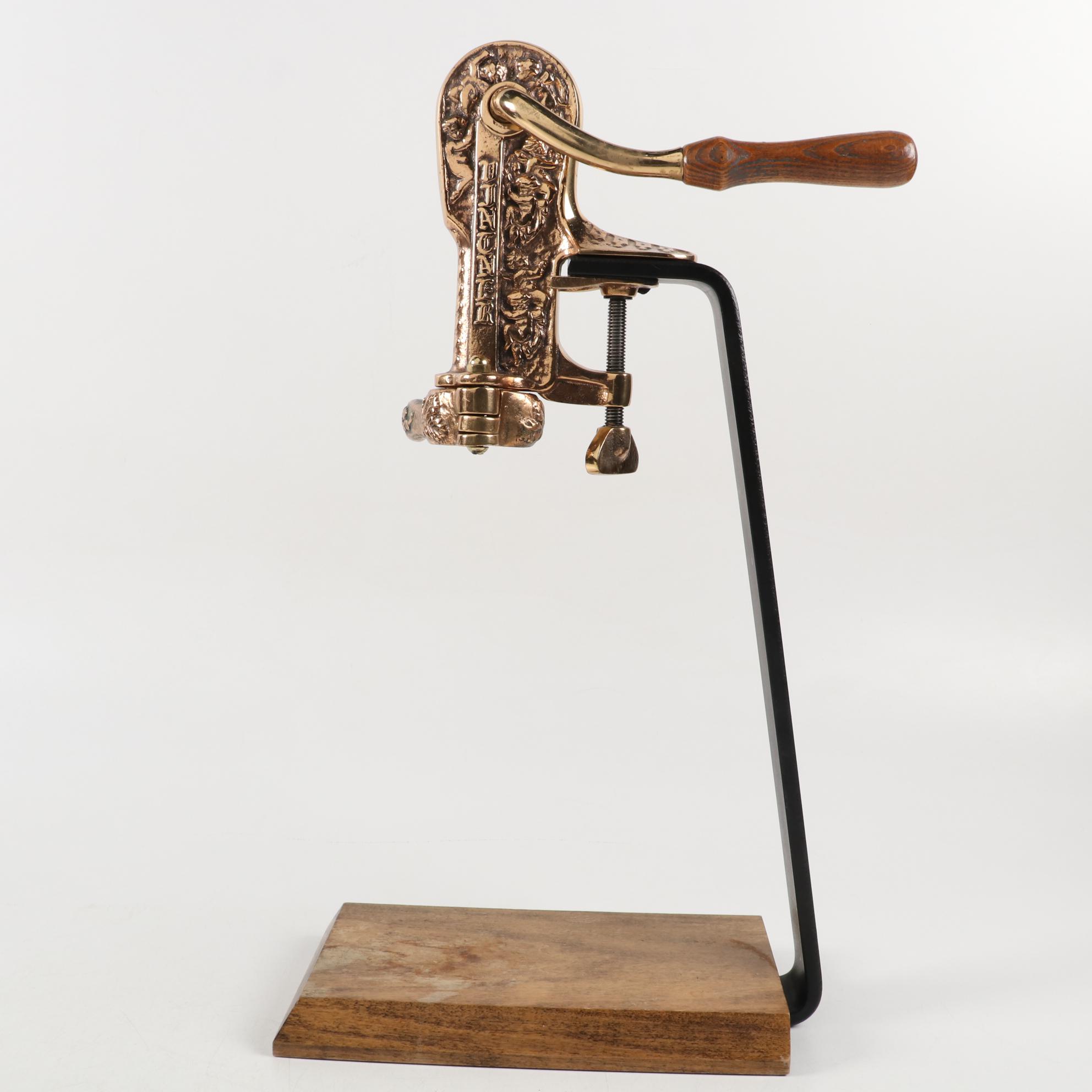 Vintner Brass and Oak Wine Opener with Cast Iron Walnut Stand
