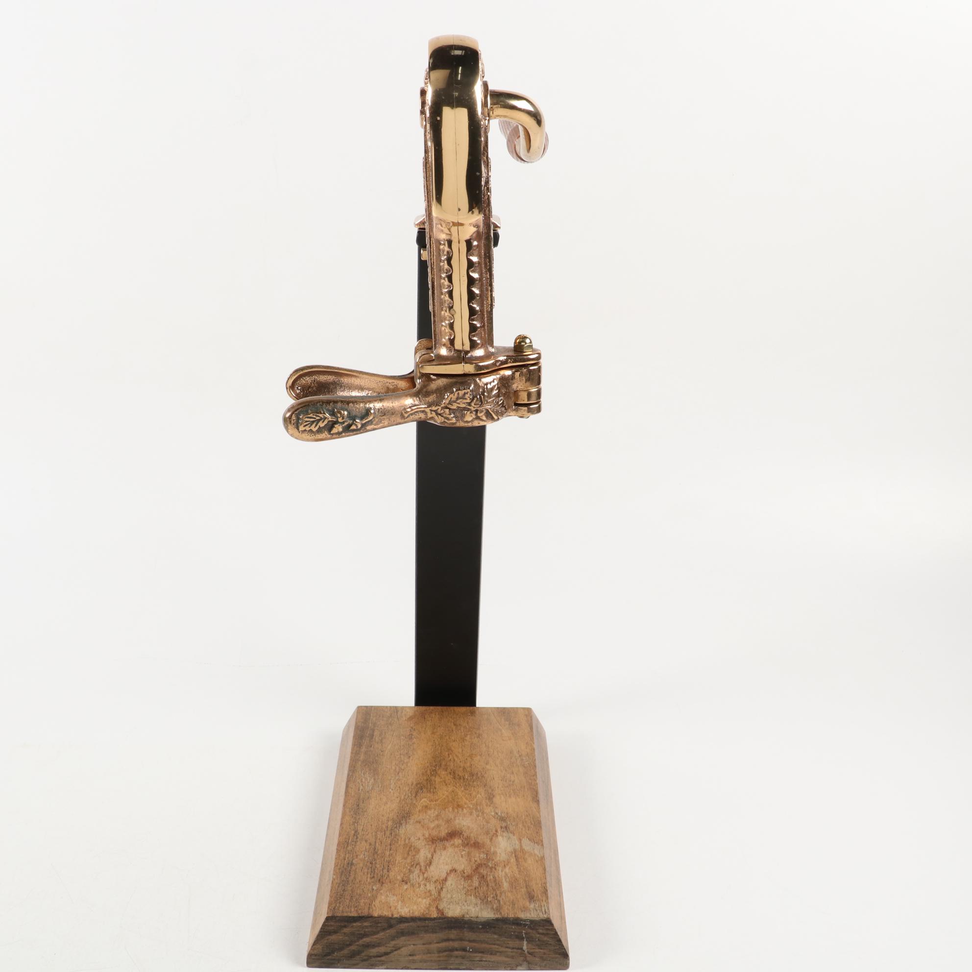 Vintner Brass and Oak Wine Opener with Cast Iron Walnut Stand