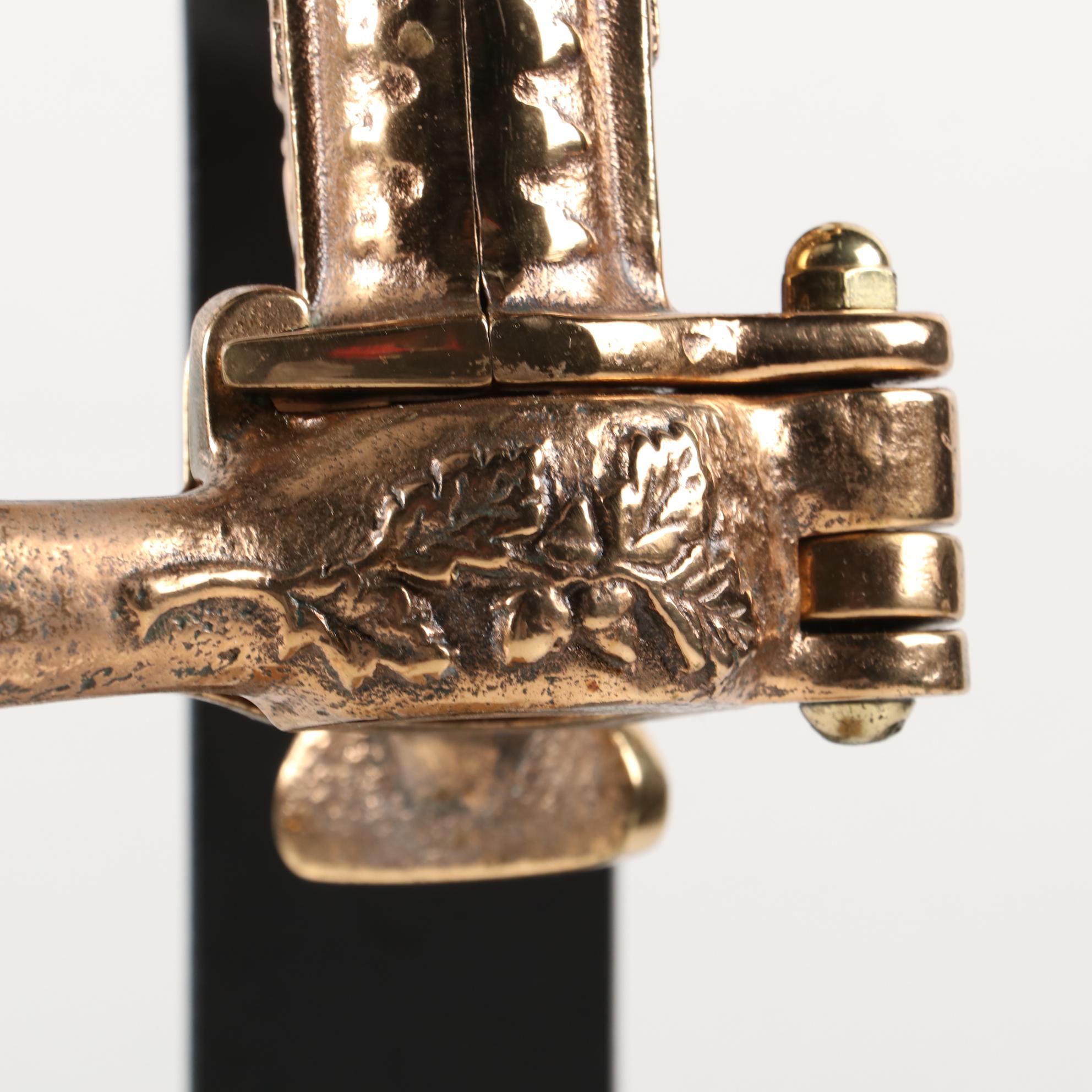 Vintner Brass and Oak Wine Opener with Cast Iron Walnut Stand