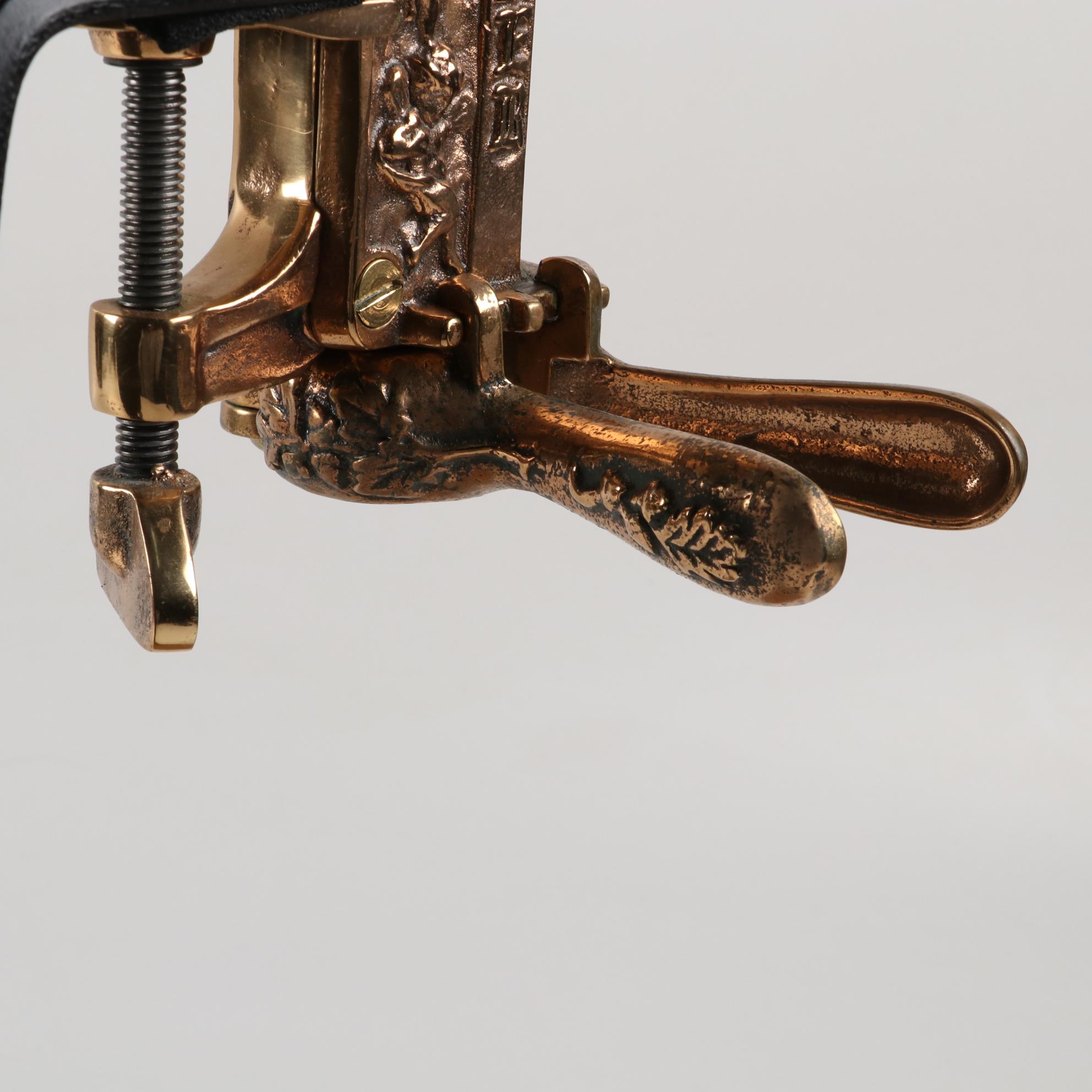 Vintner Brass and Oak Wine Opener with Cast Iron Walnut Stand