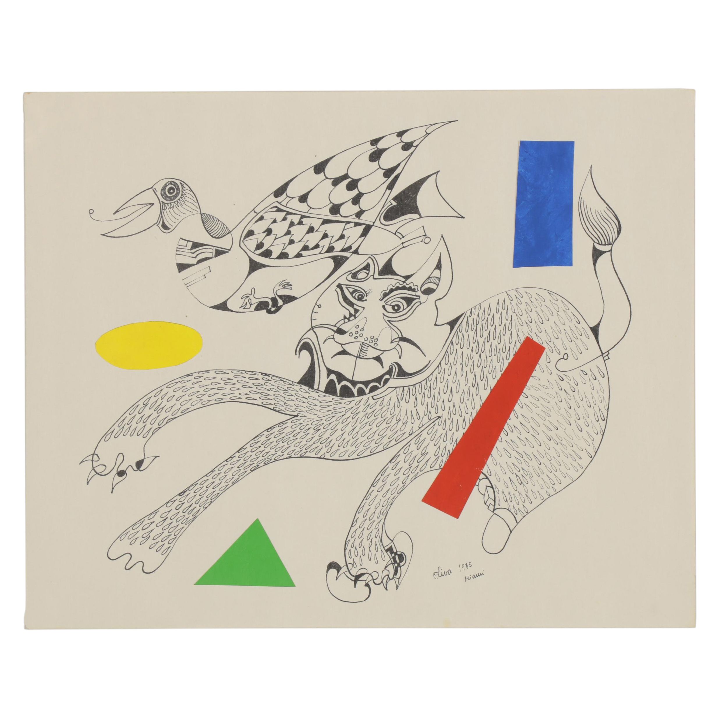 Eduardo Oliva Surrealist Paper Collage and Ink Drawing, 1985