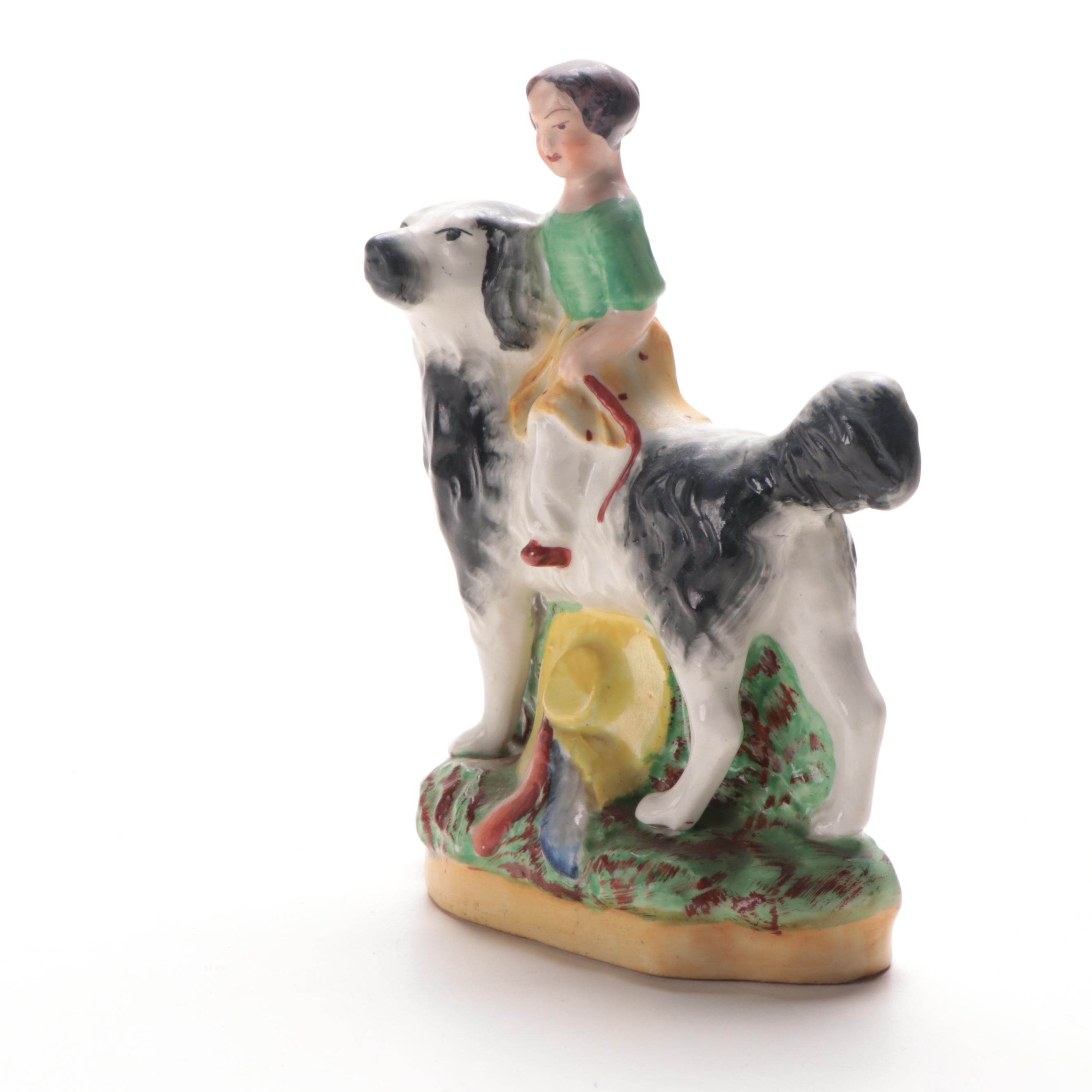 William Kent Staffordshire Girl Ridding a Dog Figurine, Early-Mid 20th Century