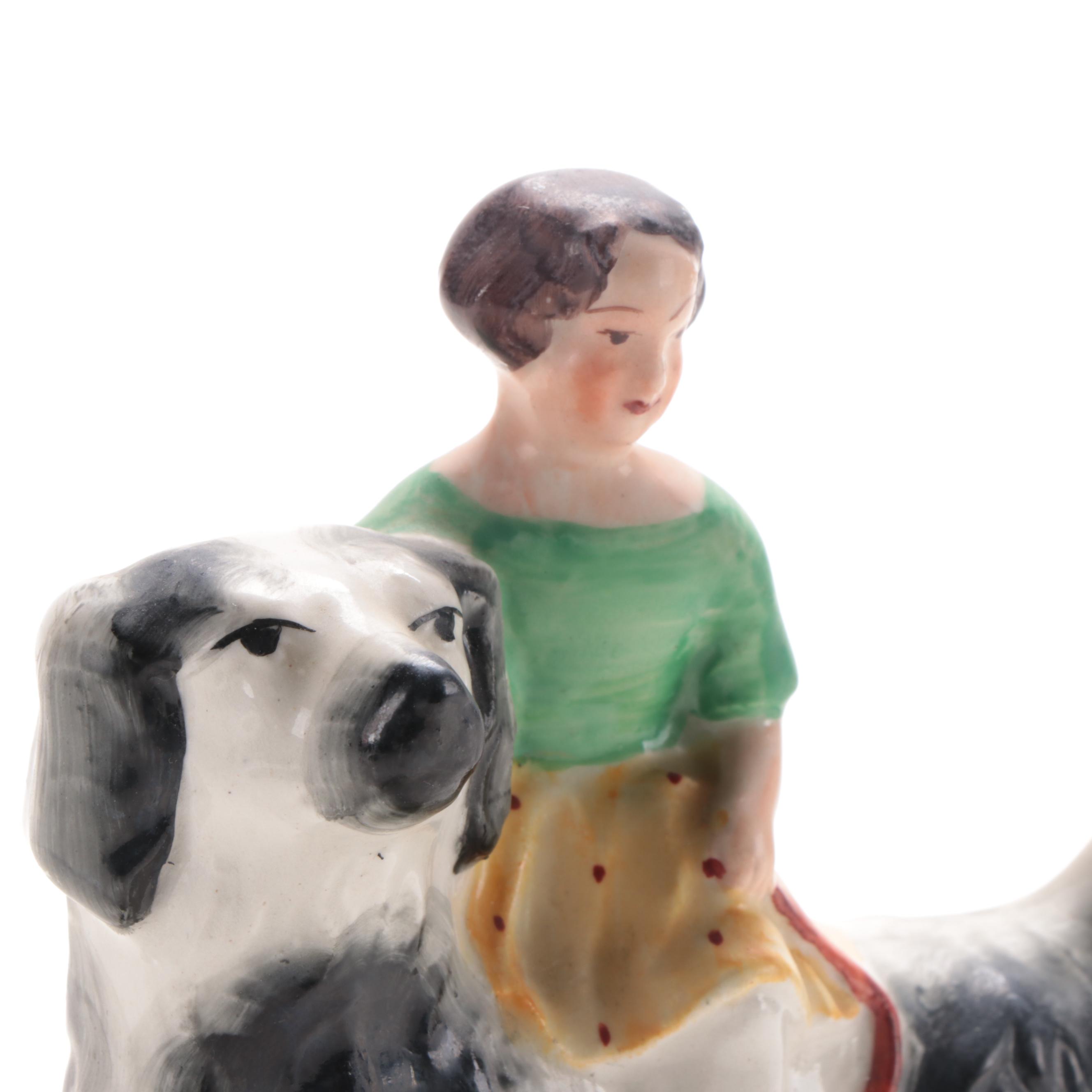 William Kent Staffordshire Girl Ridding a Dog Figurine, Early-Mid 20th Century