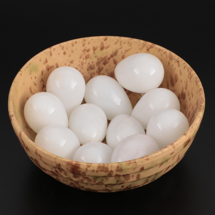 Victorian Milk Glass Eggs with Splatter Glaze Yellowware Mixing Bowl