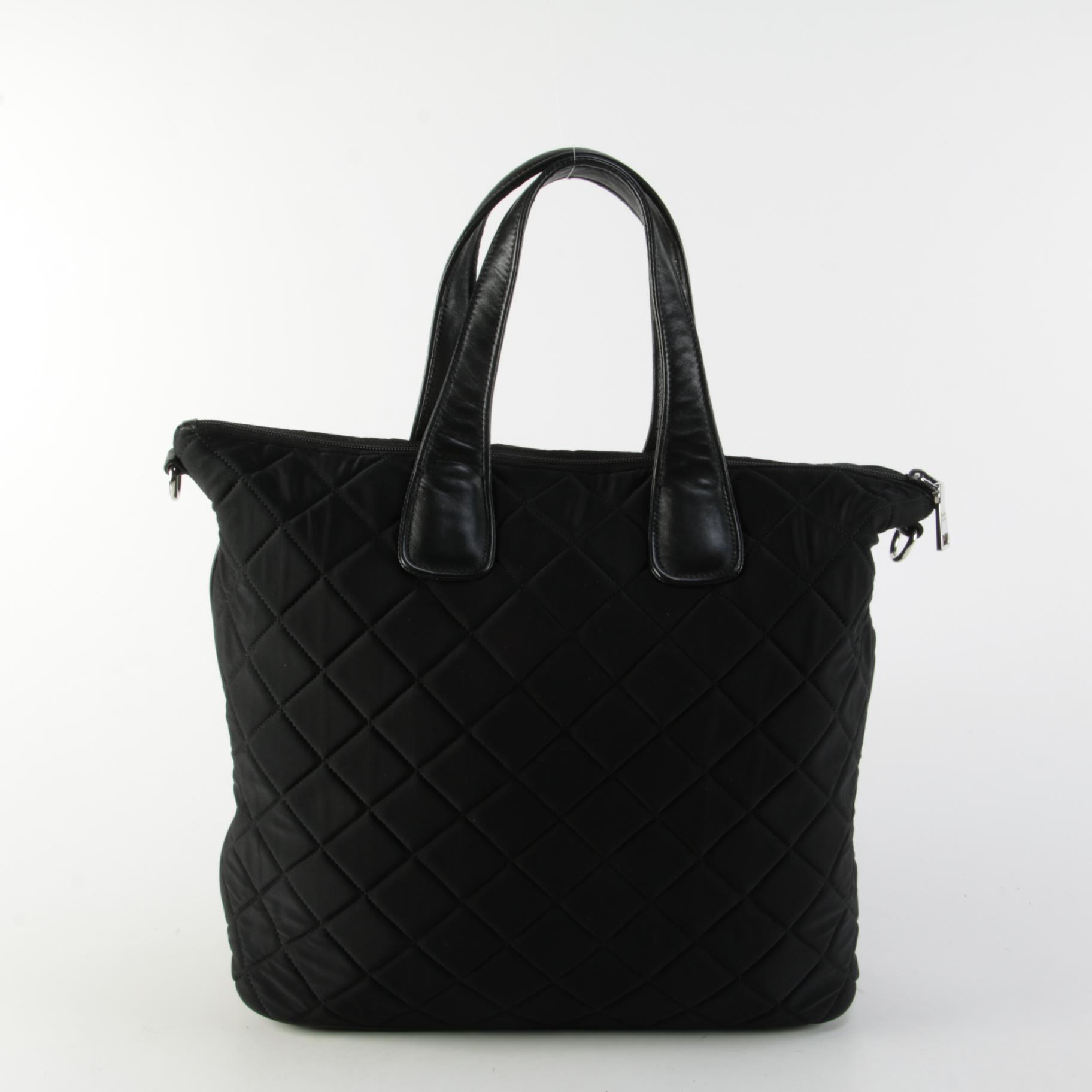 Prada Two-Way Tote Bag in Black Quilted Tessuto Nylon with Leather Trim