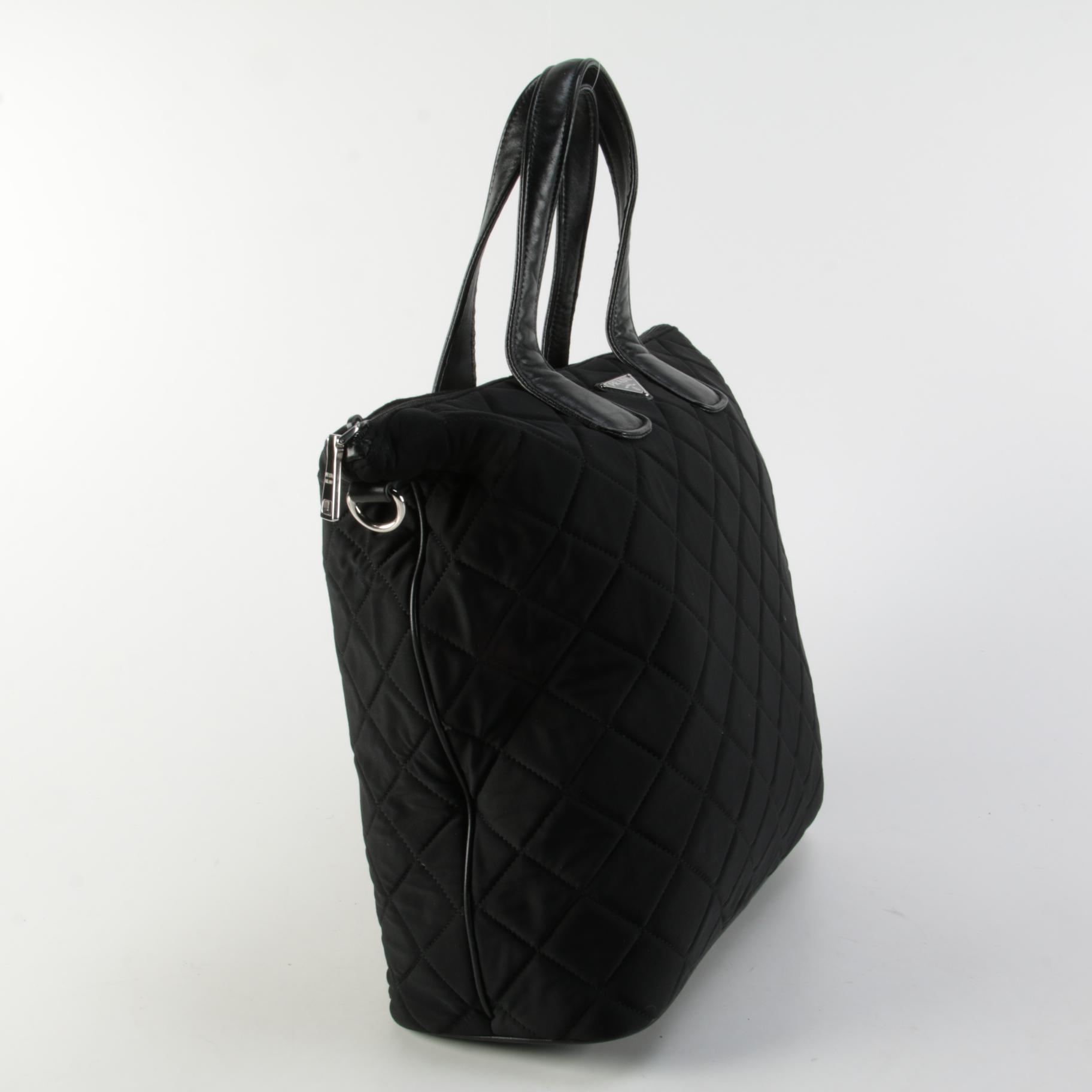 Prada Two-Way Tote Bag in Black Quilted Tessuto Nylon with Leather Trim
