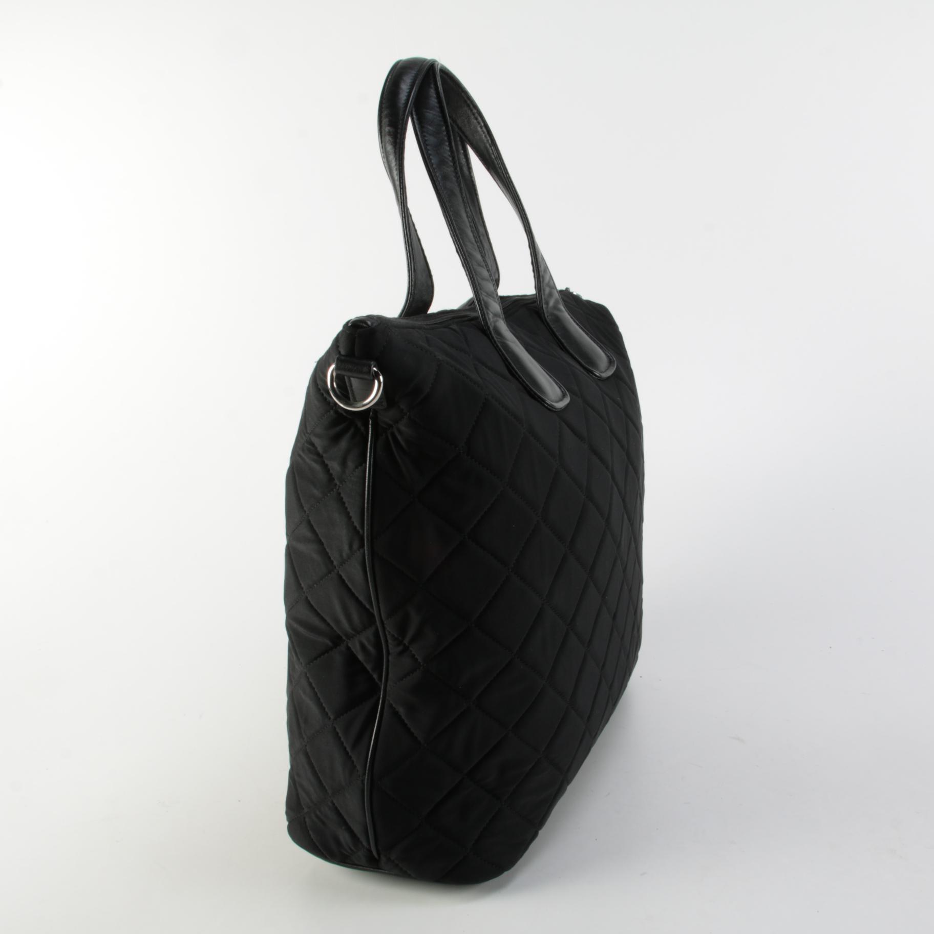Prada Two-Way Tote Bag in Black Quilted Tessuto Nylon with Leather Trim