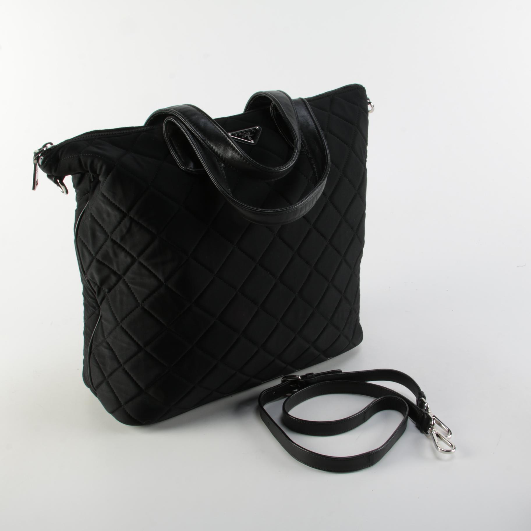 Prada Two-Way Tote Bag in Black Quilted Tessuto Nylon with Leather Trim