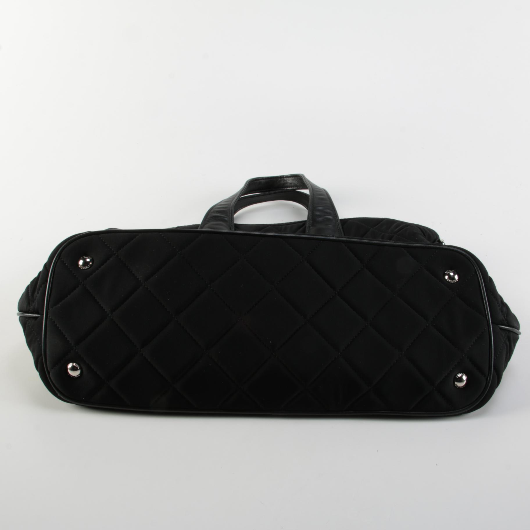 Prada Two-Way Tote Bag in Black Quilted Tessuto Nylon with Leather Trim