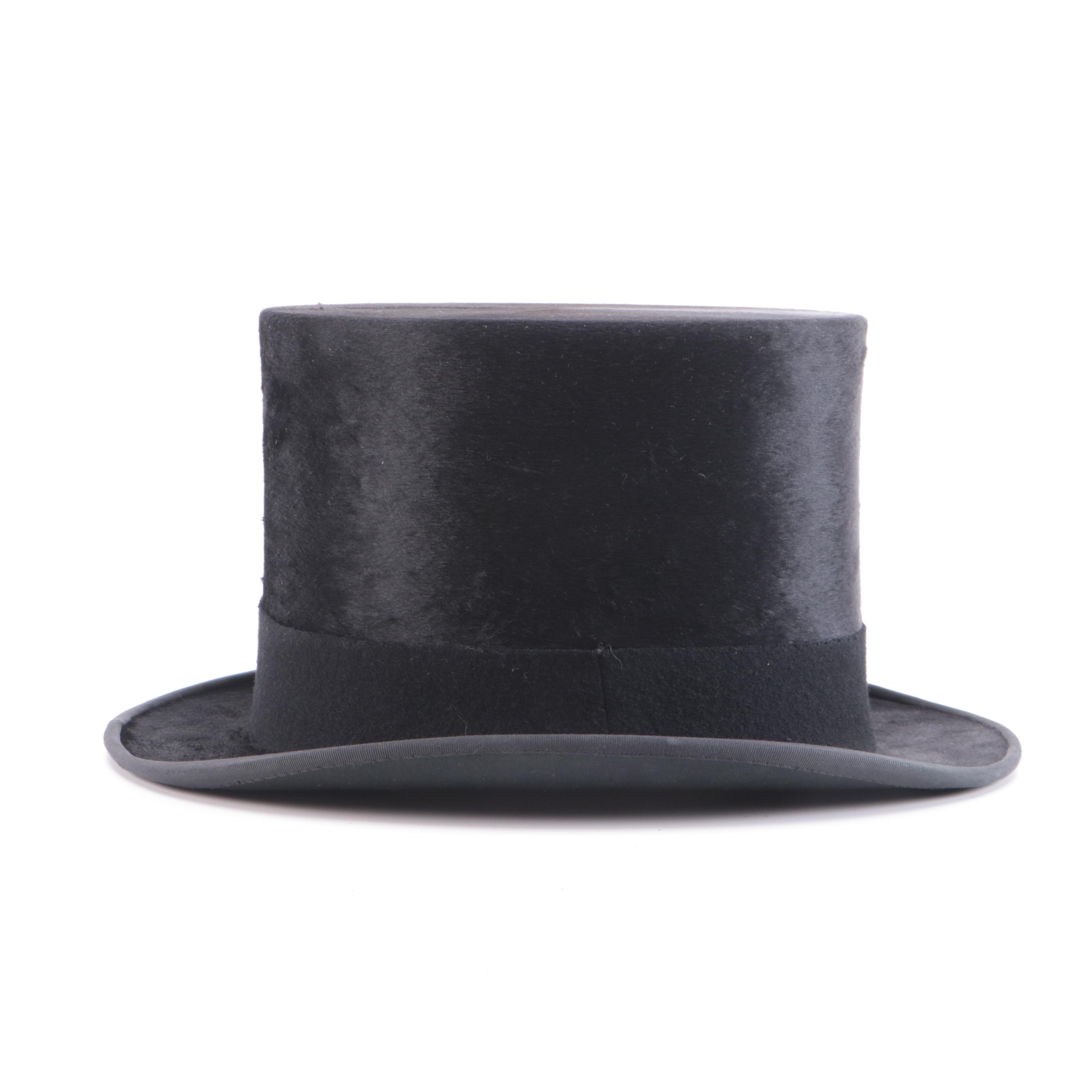 Moss Bros Black Beaver Fur Silk Plush Top Hat with Unmarked Box