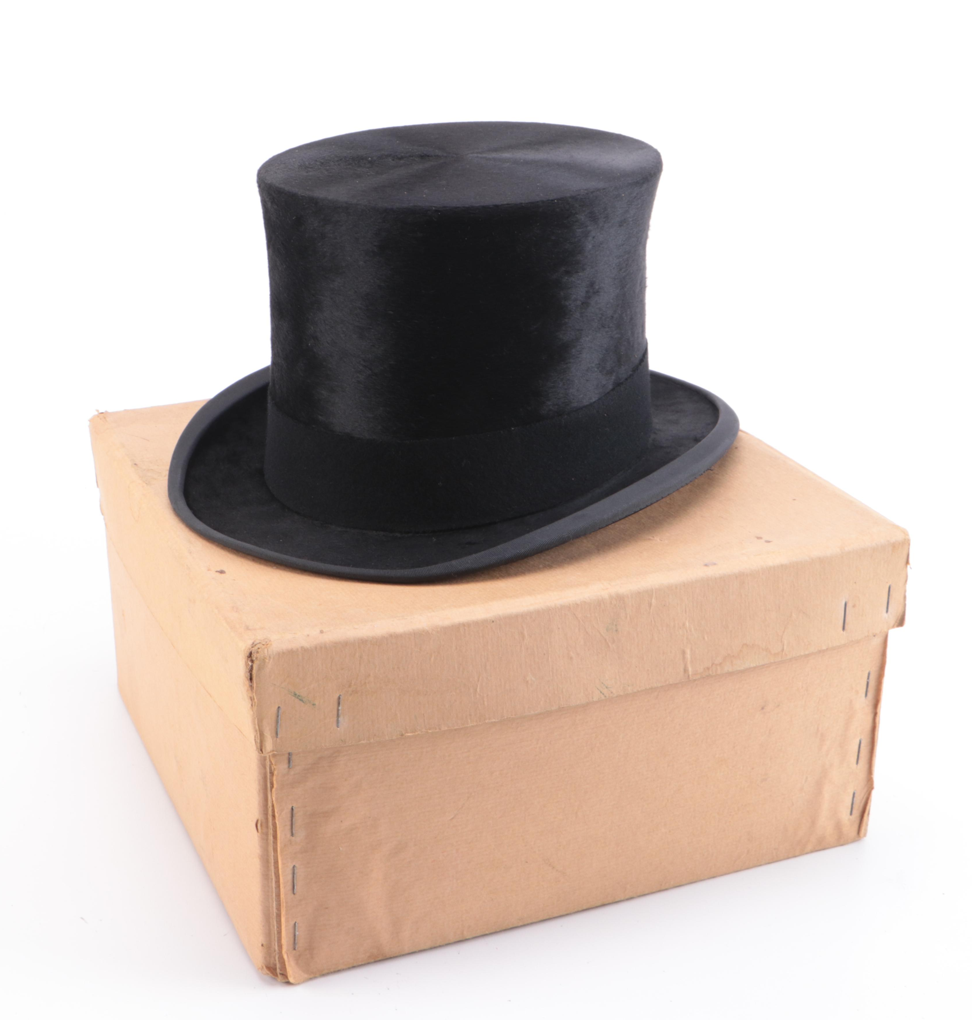Moss Bros Black Beaver Fur Silk Plush Top Hat with Unmarked Box