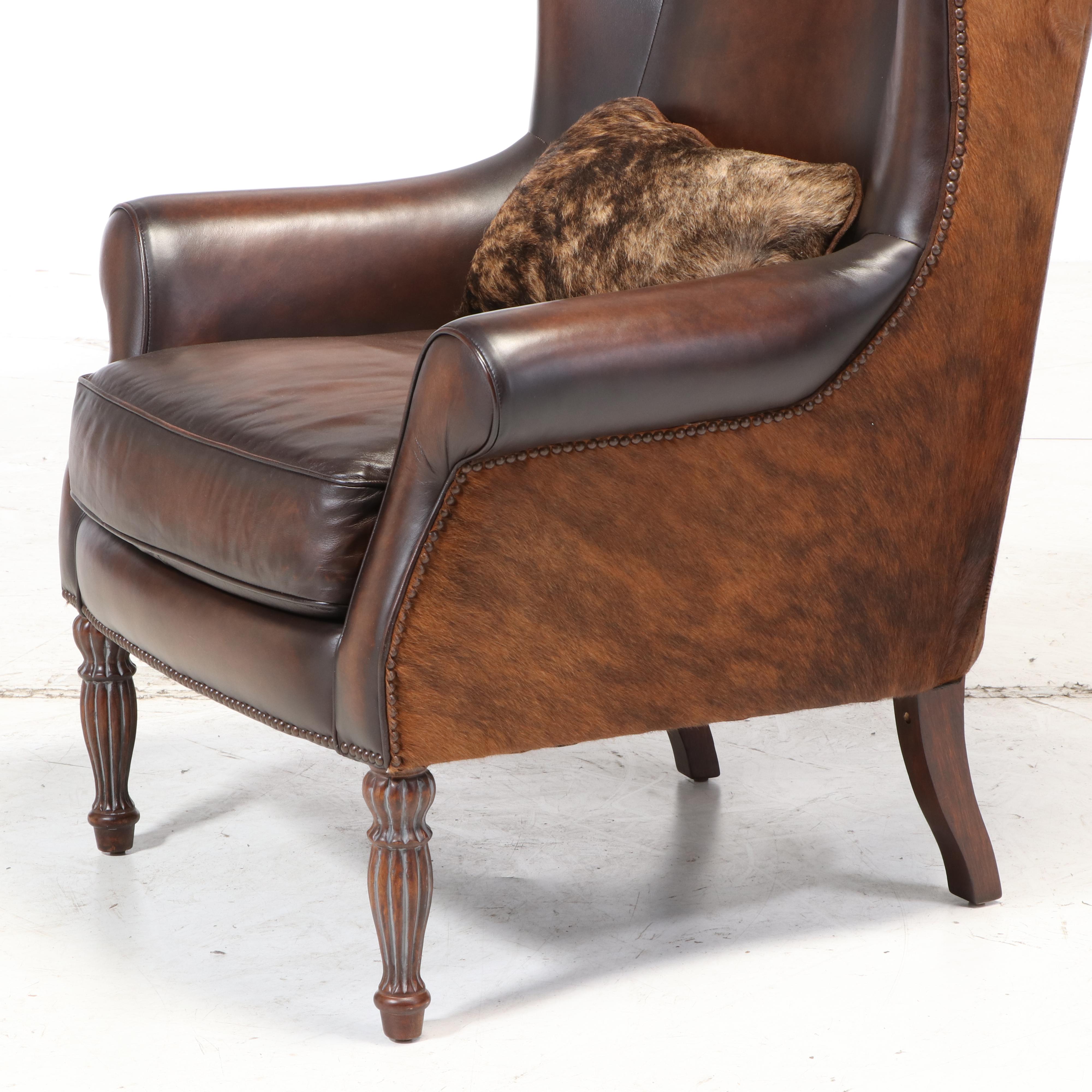 Bernhardt Furniture Bonded Leather and Cowhide Wingback Armchair