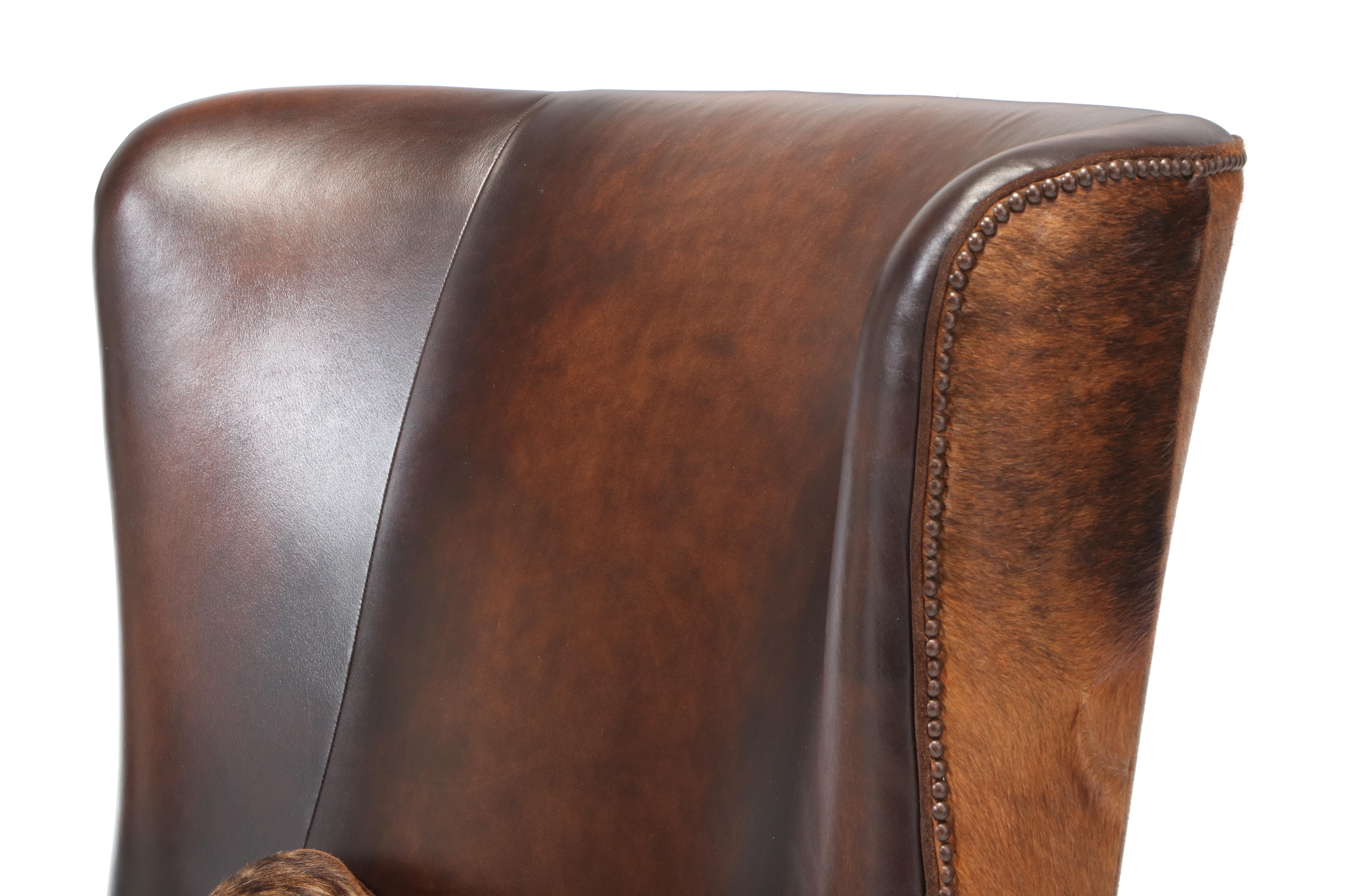 Bernhardt Furniture Bonded Leather and Cowhide Wingback Armchair