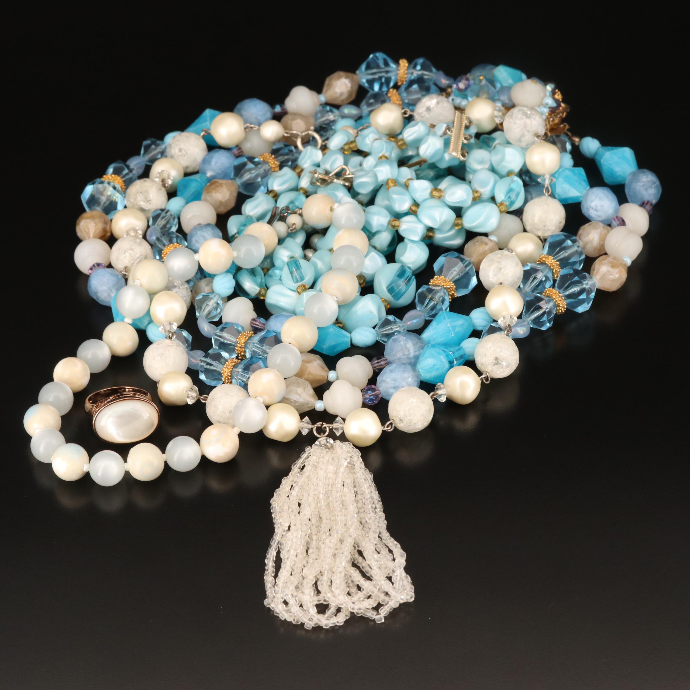 Vintage Early Plastic Necklaces Including Mother of Pearl Ring