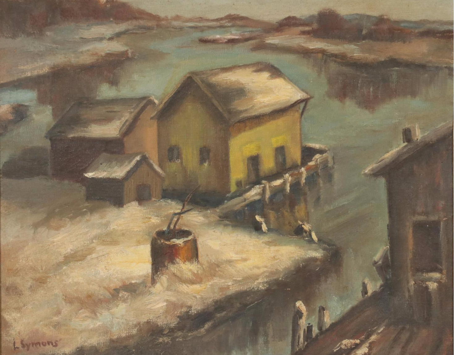 Louise Symons Oil Painting of Riverside Harbor, Mid-20th Century