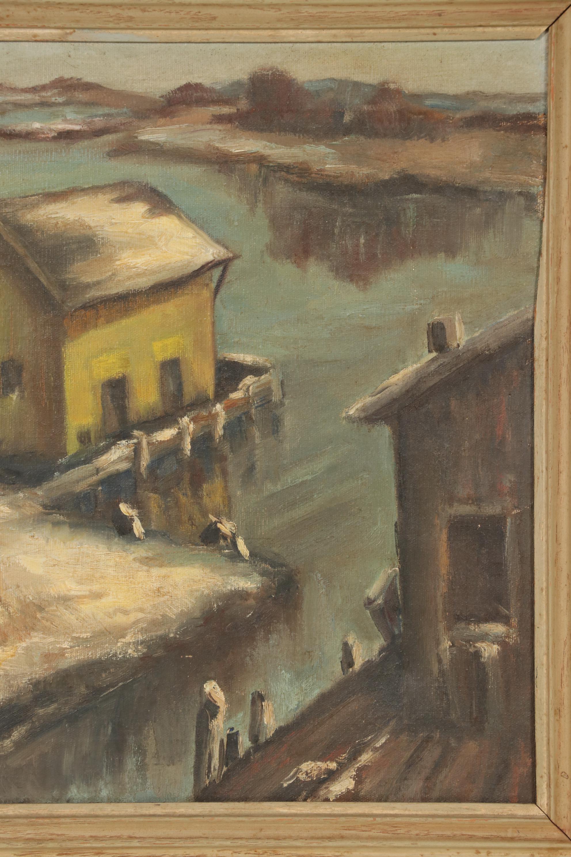 Louise Symons Oil Painting of Riverside Harbor, Mid-20th Century