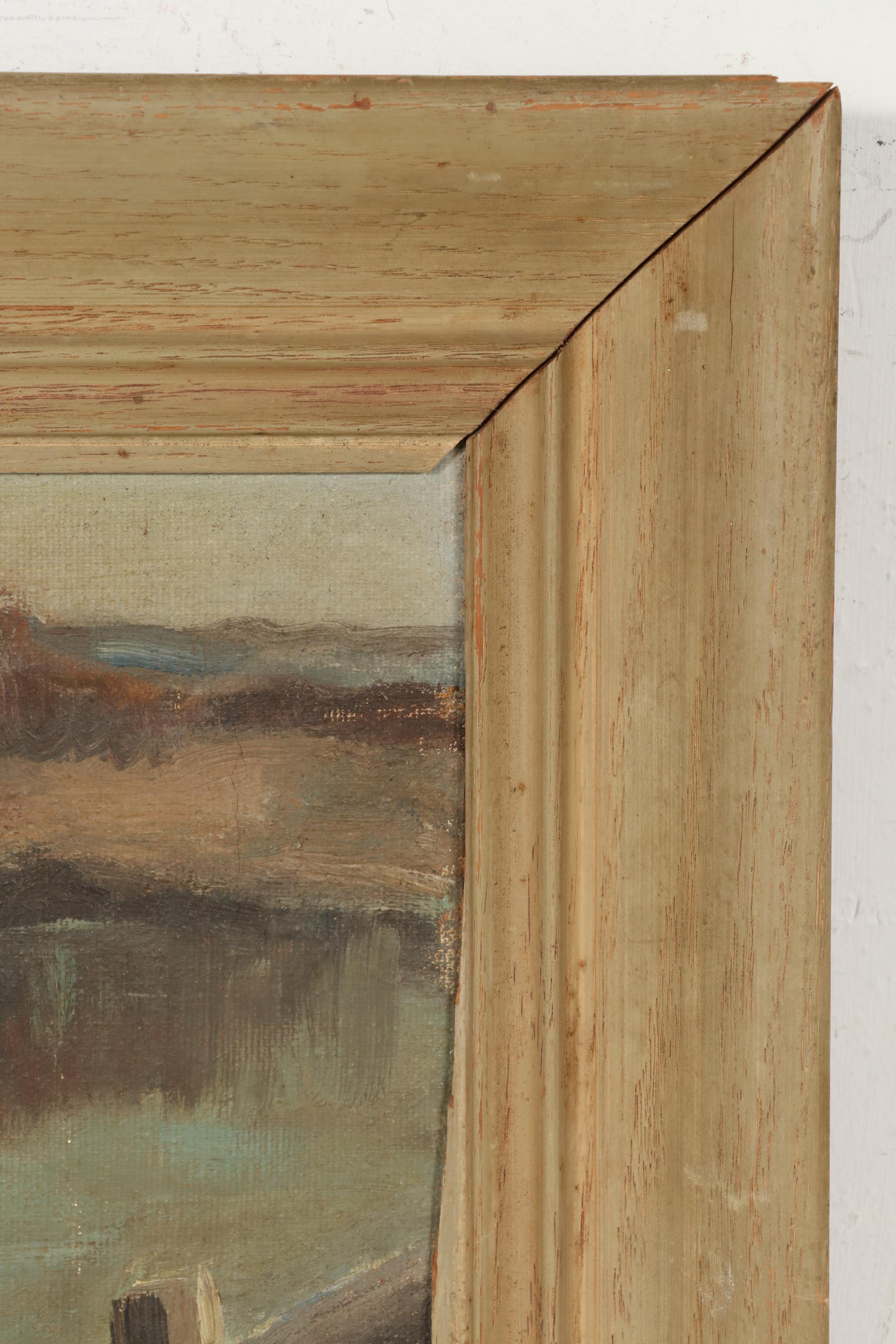 Louise Symons Oil Painting of Riverside Harbor, Mid-20th Century