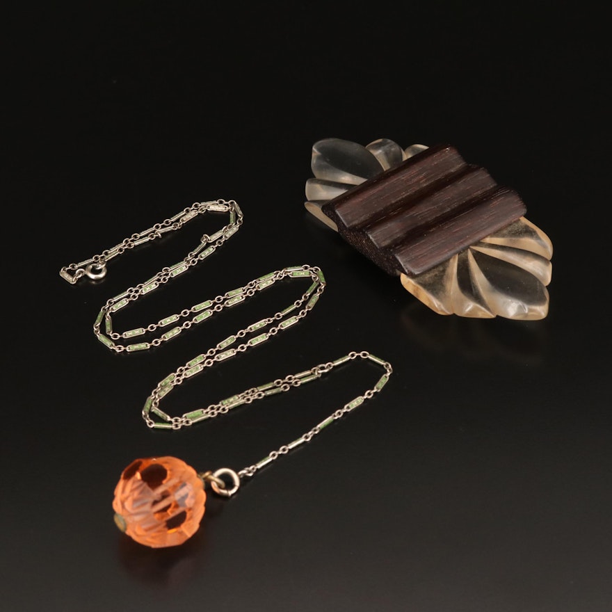 1940s Lucite and Wood Brooch and an Enameled Chain and Cut Glass Necklace