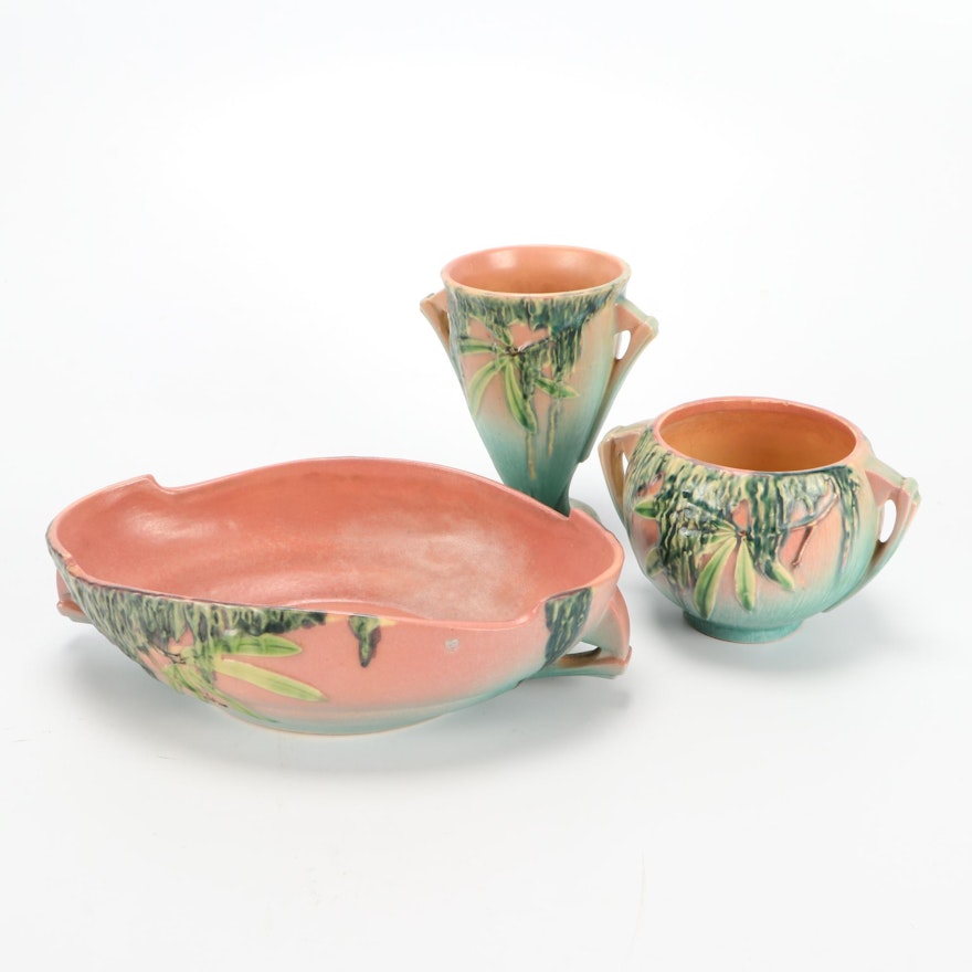 Roseville Pottery "Moss" Vase, Rose Bowl and Console Bowl, 1930s