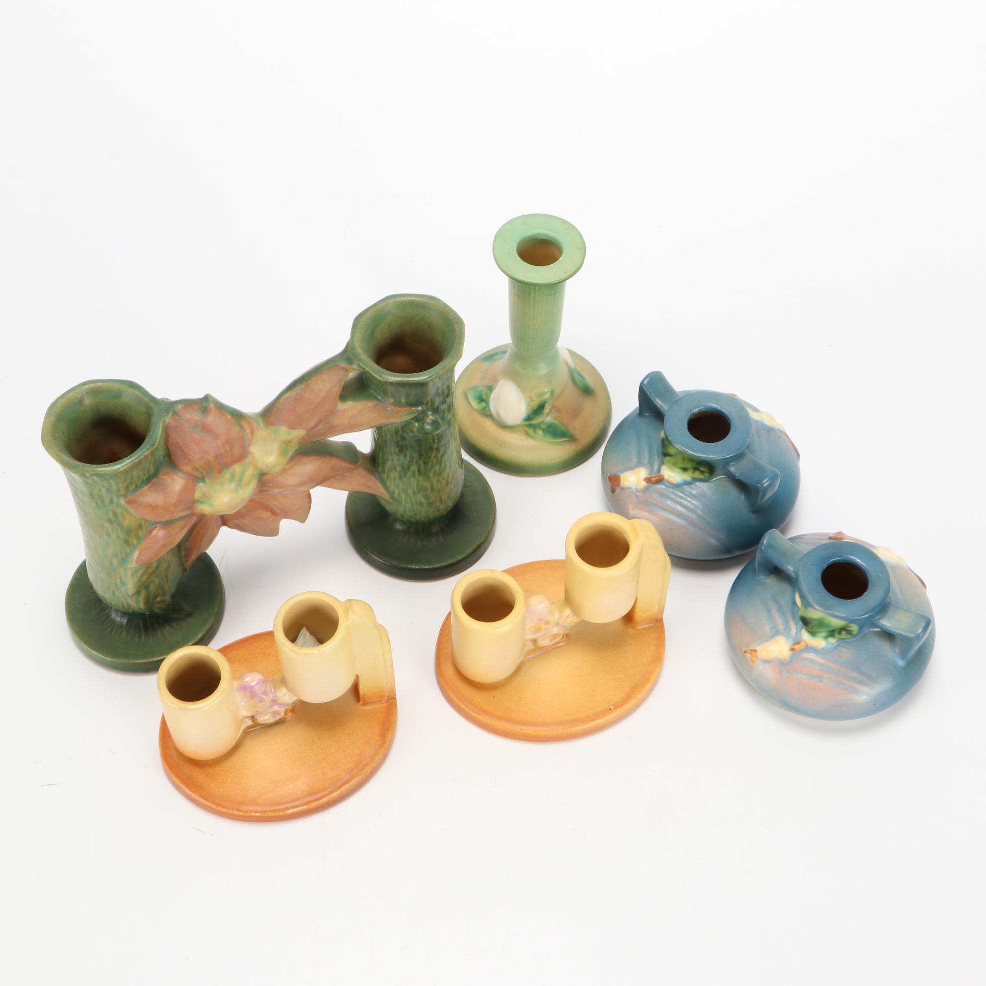 Roseville Pottery Candle Holders Including "Snowberry," "Ixia," and More