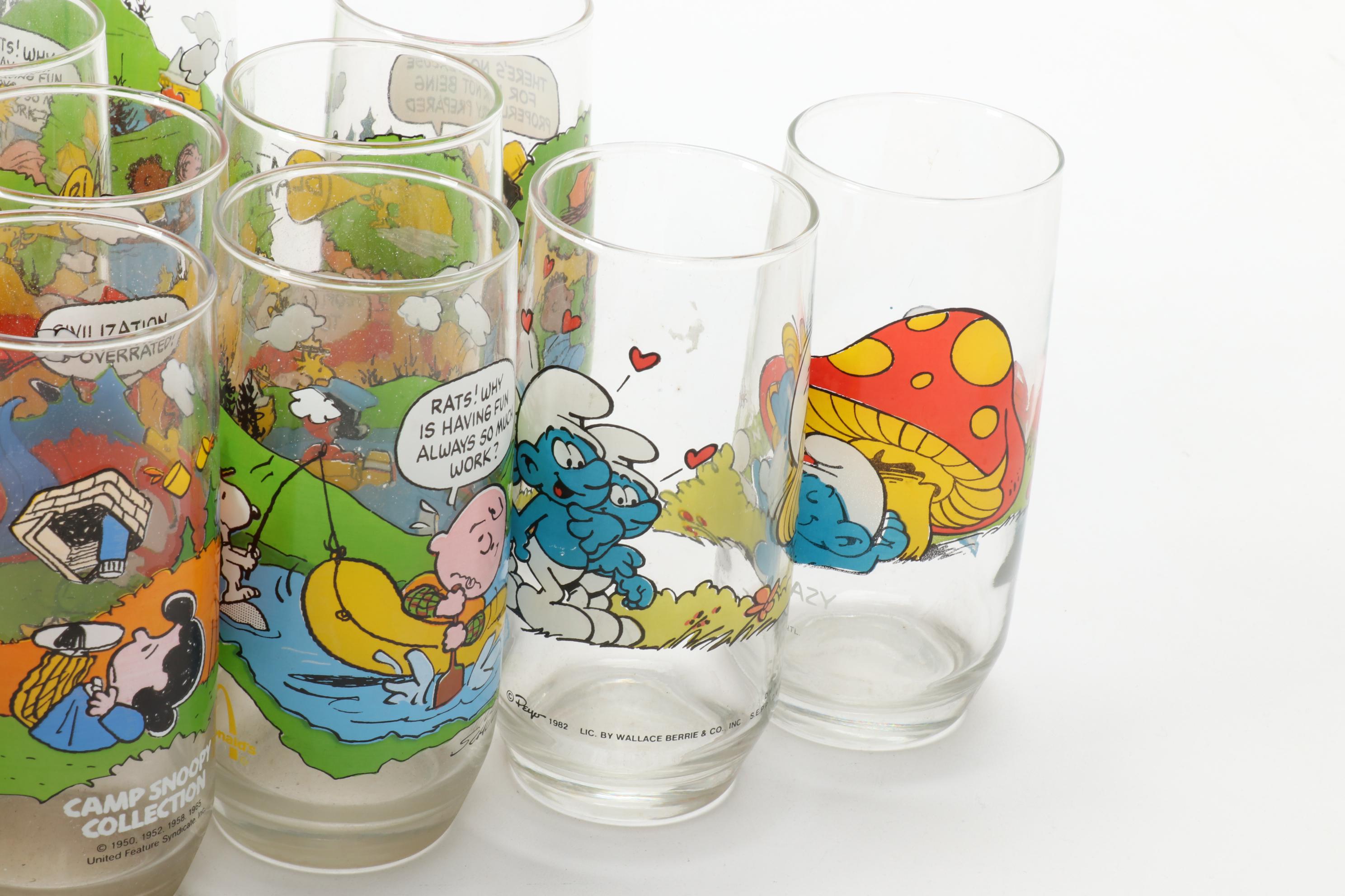 Wallace Berrie & Co. Novelty "Smurf" and "Camp Snoopy" Glasses by McDonald's