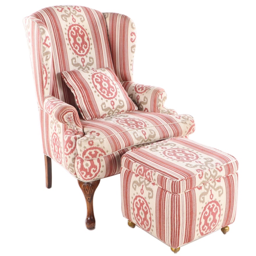 Orange Chair Inc. Queen Anne Style Upholstered Wingback Armchair and Ottoman