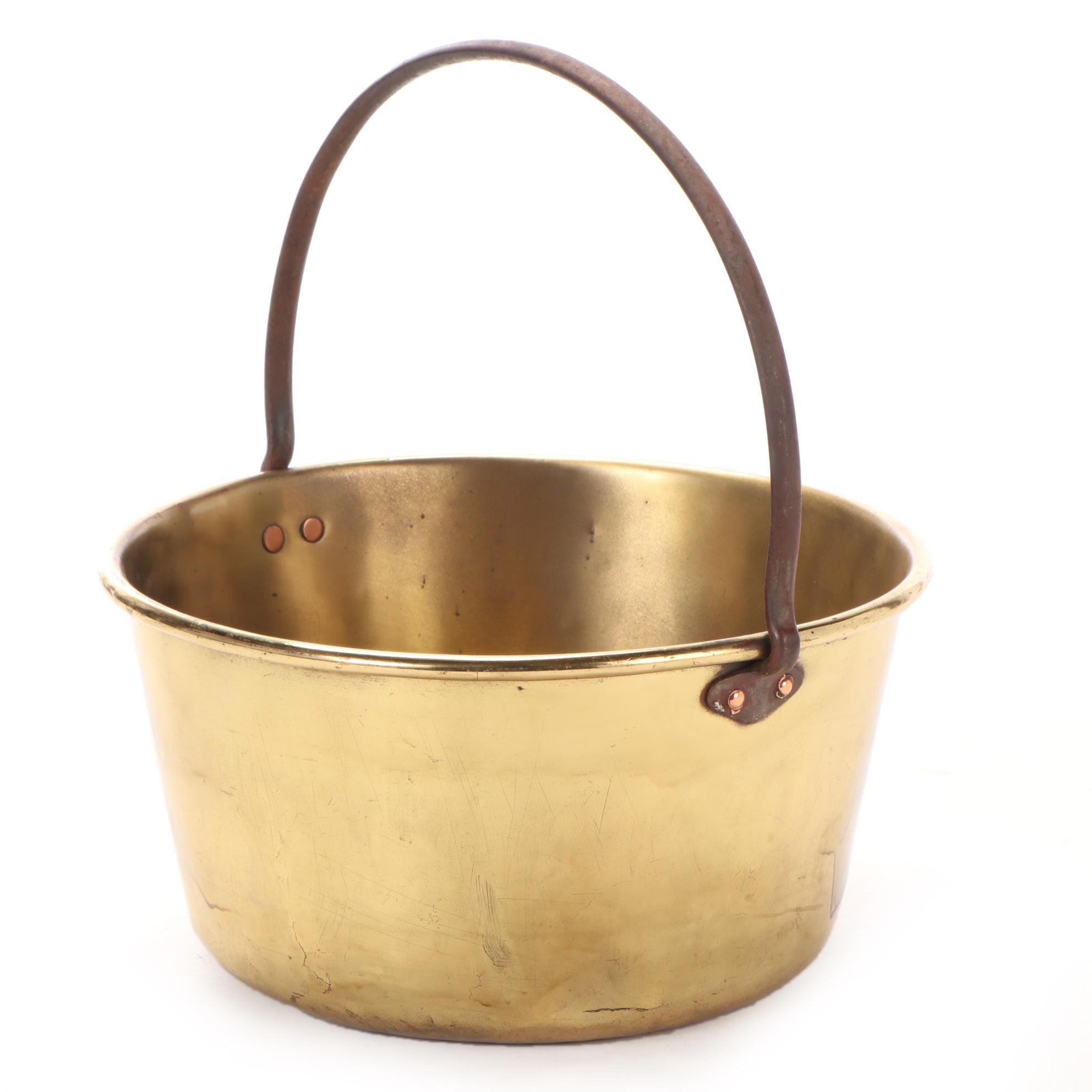 Brass Cauldron with Cast Iron Handle and Copper Rivets, 19th Century