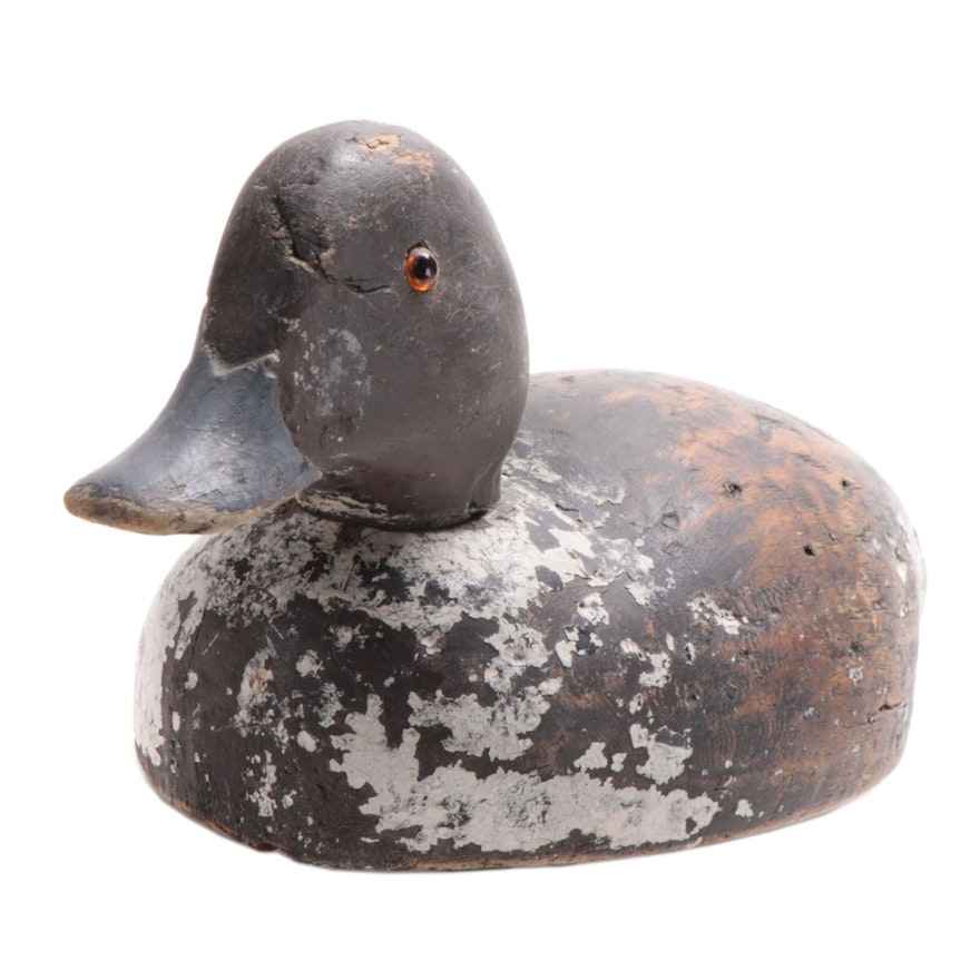 Hand-Carved Wooden Duck Decoy with Glass Eyes and Weight, Mid-20th Century
